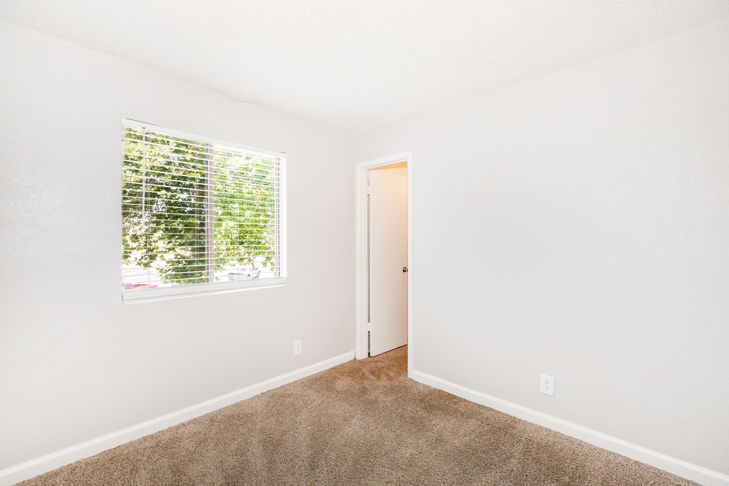 A simple, empty room with light beige carpet and white walls. A window with blinds allows natural light to enter, and a closed door is visible on the right. The space appears clean and ready for furniture.