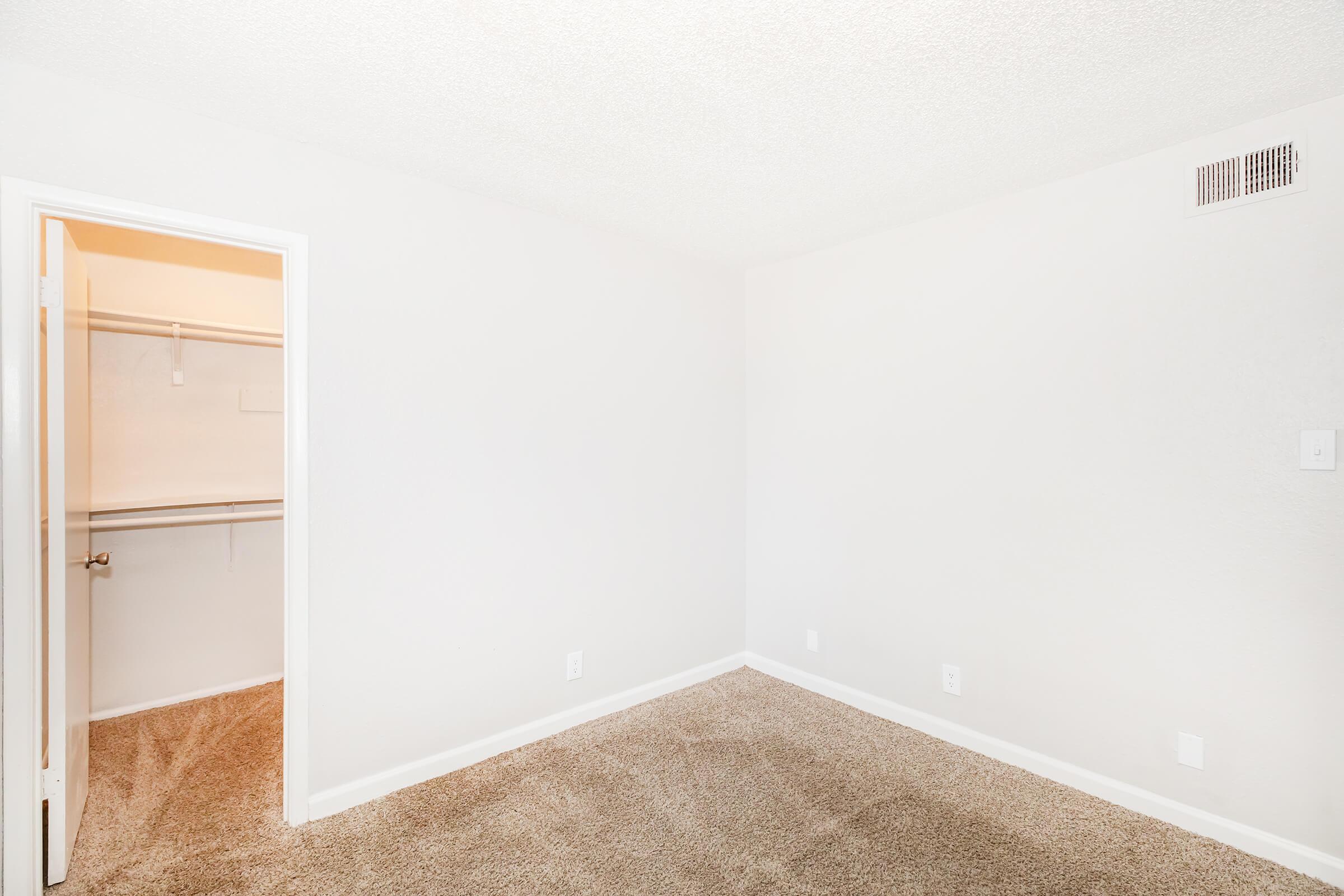 Empty room with light-colored walls and a carpeted floor. A door on the left leads to a closet with a white interior. The room is well-lit and has a clean, minimalist appearance with no furniture.