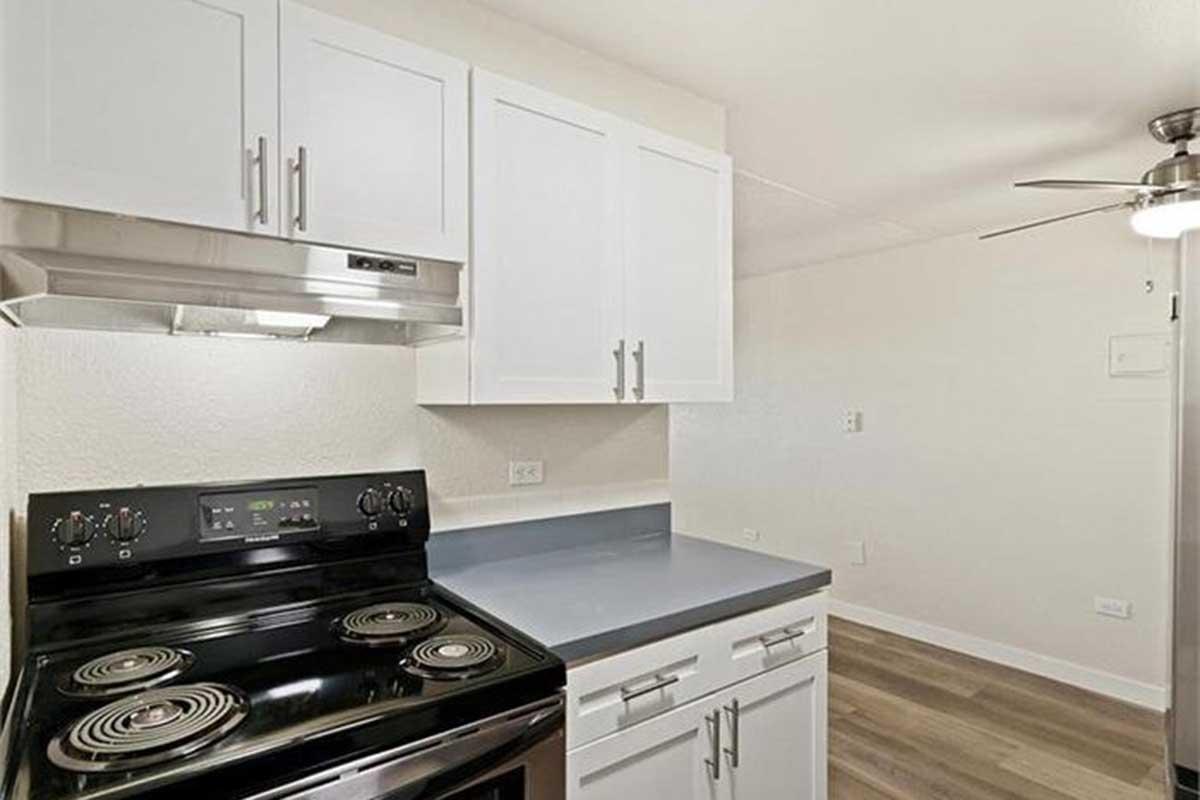 Modern kitchen featuring a black electric stove and oven, white cabinets, and a light grey countertop. A ceiling fan is visible in the background, and the space has neutral-colored walls and wooden flooring, creating a bright and inviting atmosphere.