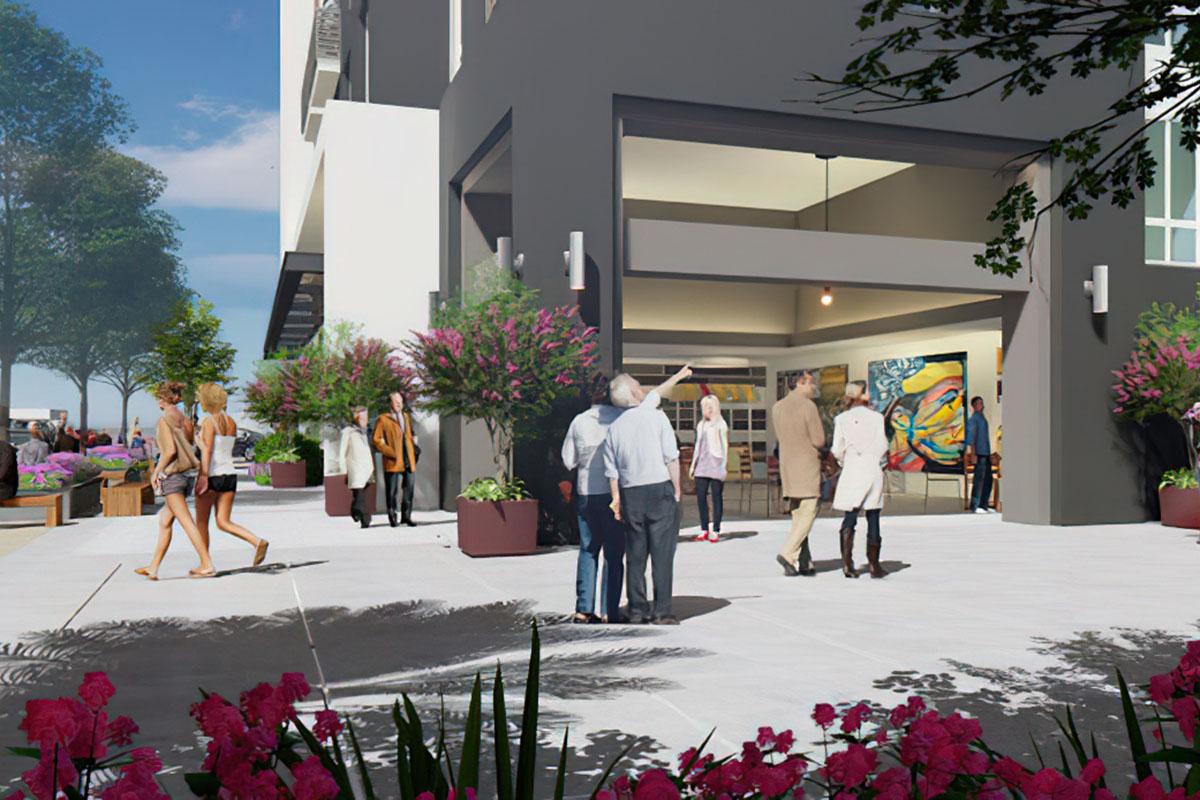 An artistic rendering of a modern building entrance with people gathering outside.