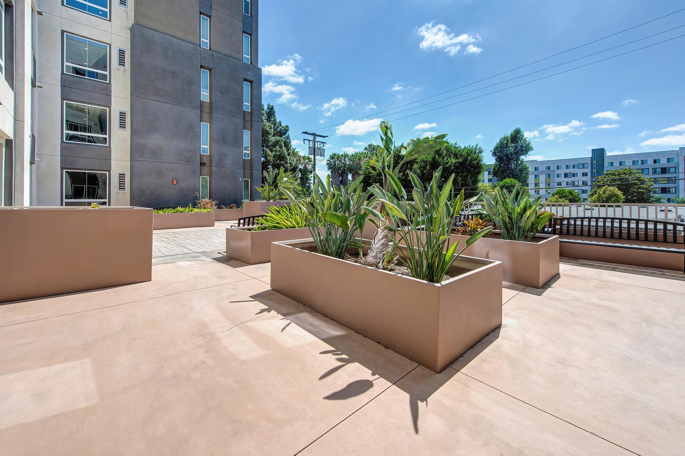 A modern outdoor space featuring raised planters filled with green plants, surrounded by a sleek concrete floor. In the background, various residential buildings and a clear blue sky with a few clouds are visible, creating a bright and inviting atmosphere.