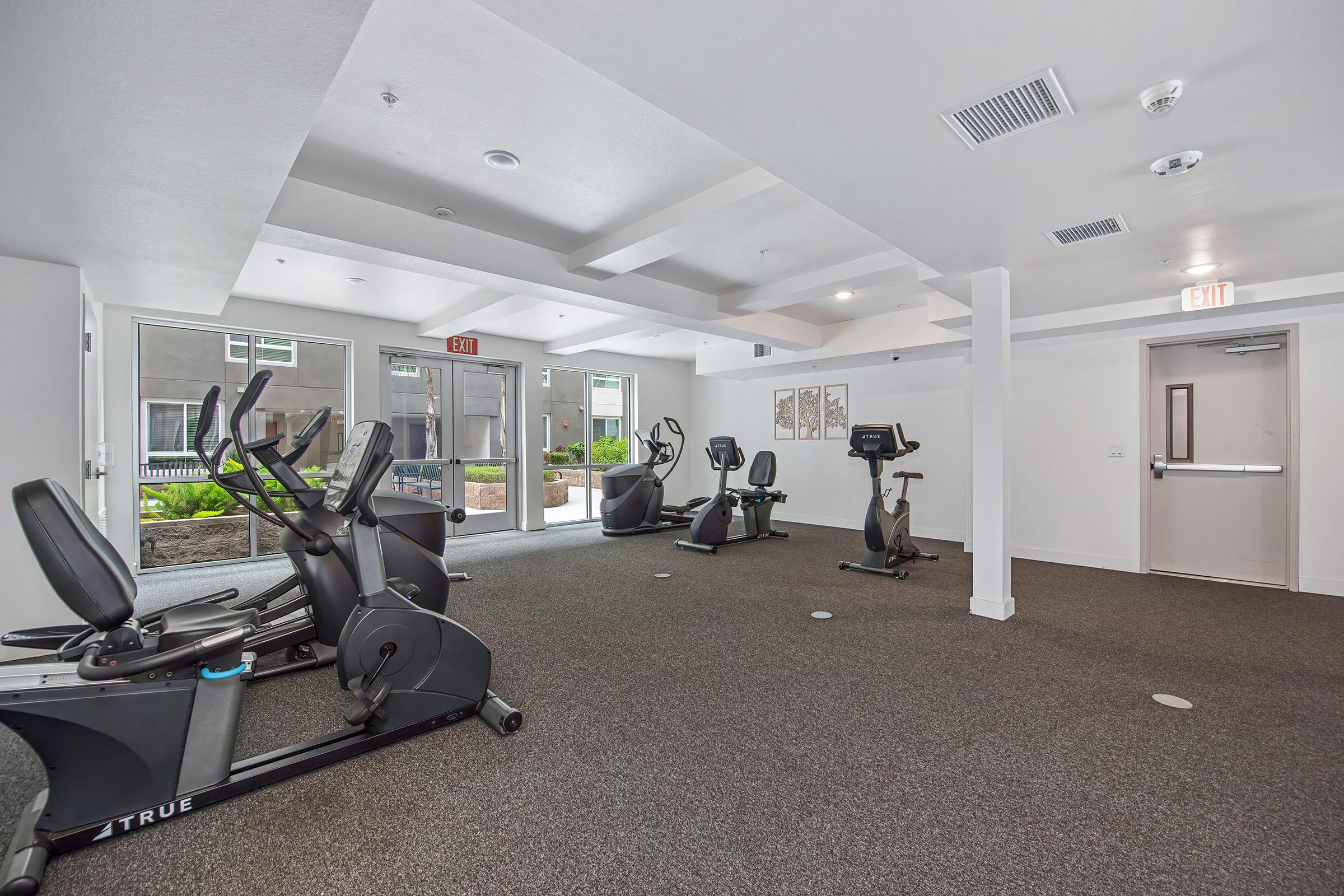 A modern fitness room featuring several exercise machines, including stationary bikes and ellipticals. Large windows allow natural light to fill the space, with views of greenery outside. The floor is carpeted, and there are minimalist decorations on the walls.