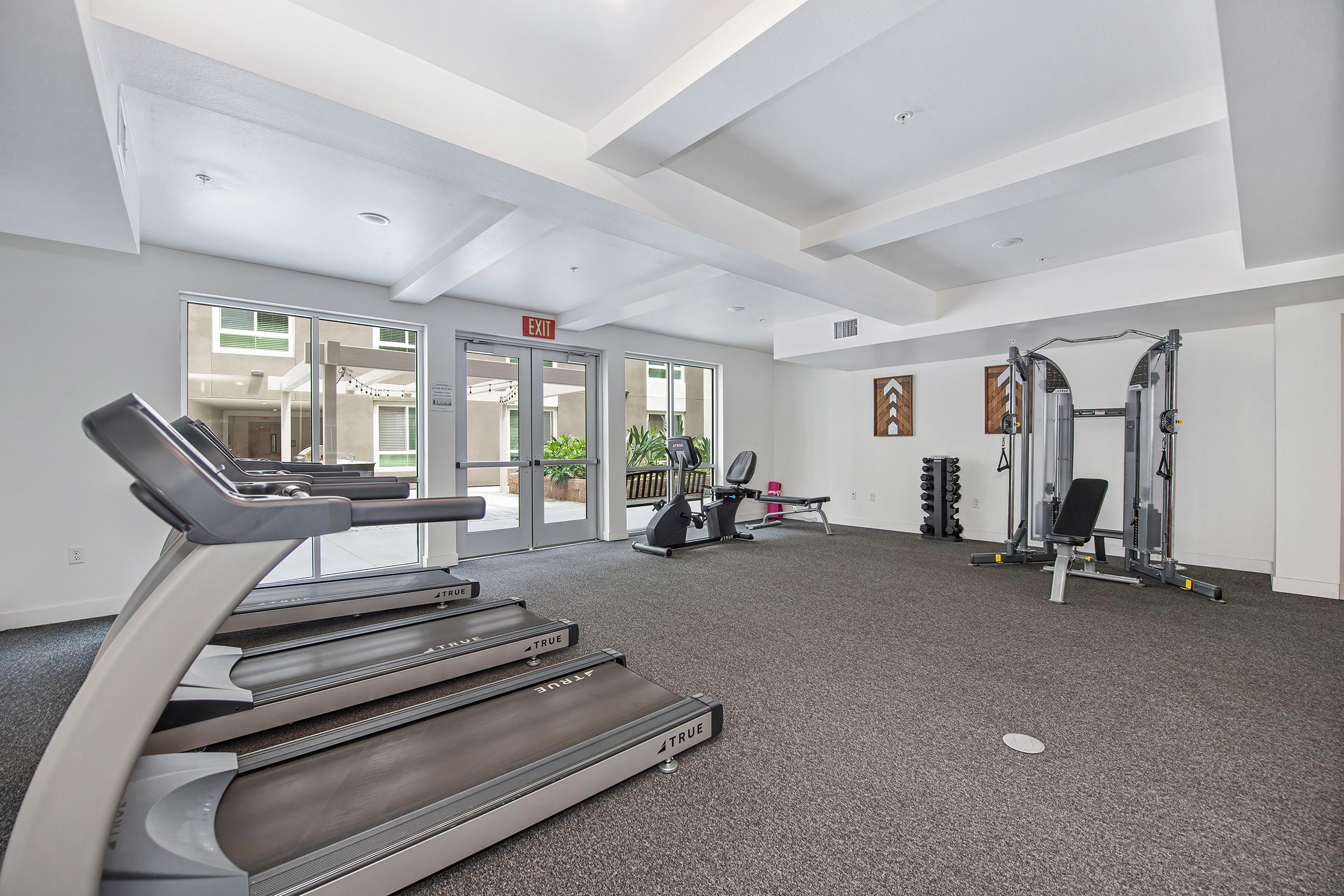 A modern gym interior featuring multiple treadmills, a weight training machine, and other fitness equipment. Large windows provide natural light, and the floor is covered with dark carpeting. The space is clean and spacious, with a neutral color palette and minimalistic design elements.