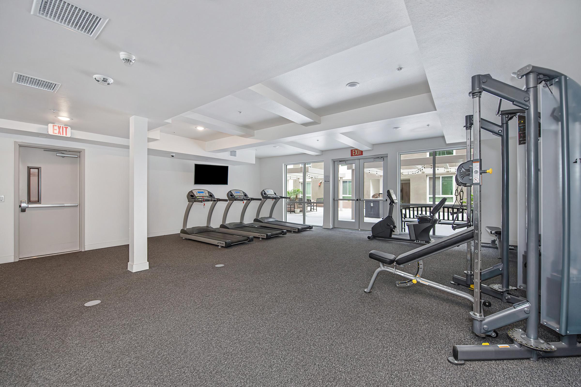 A spacious gym area featuring treadmills, a weight machine, and a flat-screen TV. The floor is carpeted, and large windows provide natural light. There are double doors leading to an outdoor space, contributing to a bright and inviting atmosphere for workouts.