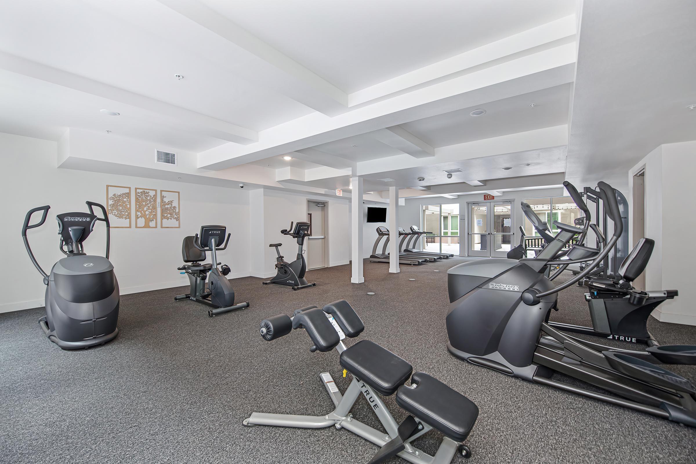 A modern fitness center featuring various workout equipment including treadmills, stationary bikes, and strength training machines. The space is well-lit with a clean and contemporary design, allowing for a comfortable workout environment. Large windows provide natural light.