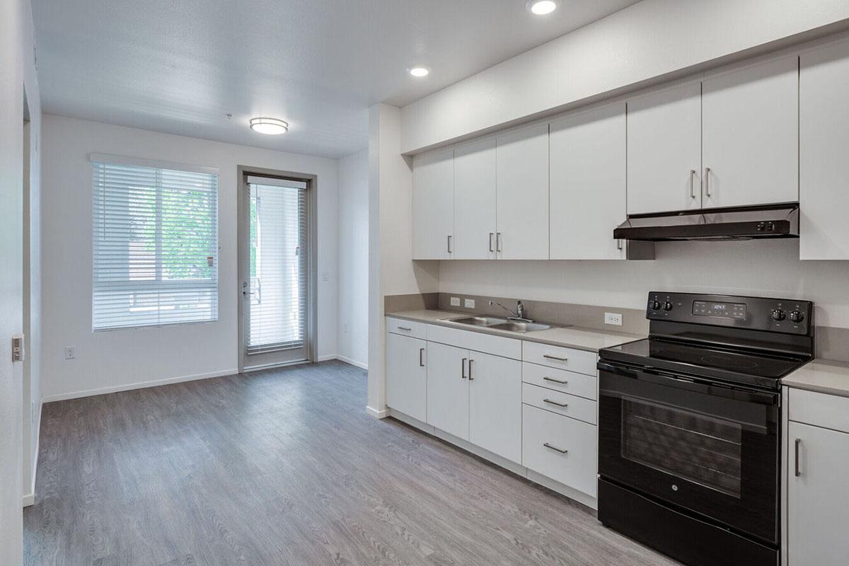 Modern kitchen interior featuring white cabinetry, a sleek black stove, and gray countertops. The room is well-lit with natural light from a nearby window and a glass door, leading to an outdoor space.