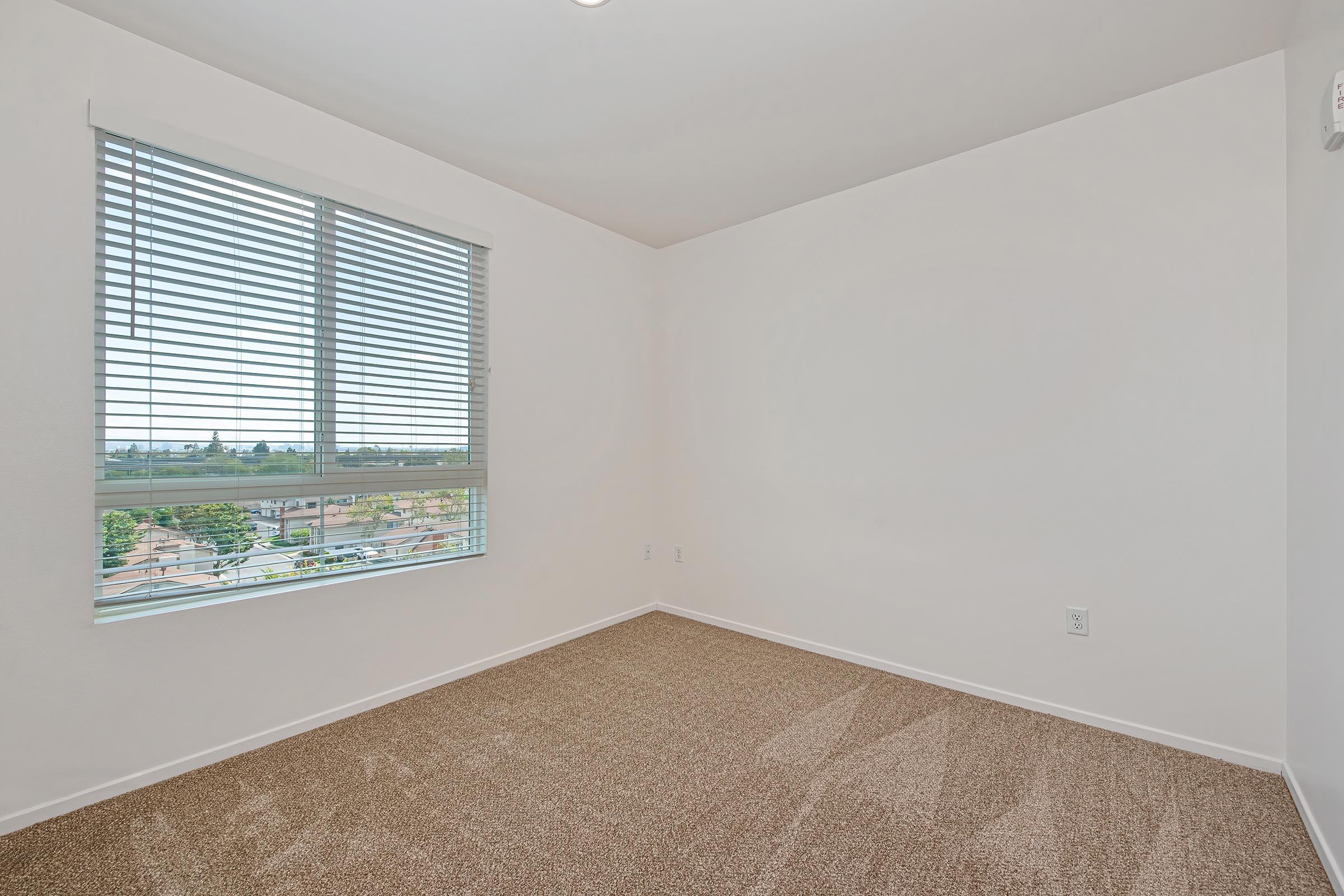 Empty room with light beige carpet and white walls. A large window with white blinds allows natural light to enter, showcasing a view of the outdoors. The space is clean and minimalistic, ideal for decoration or furnishing.