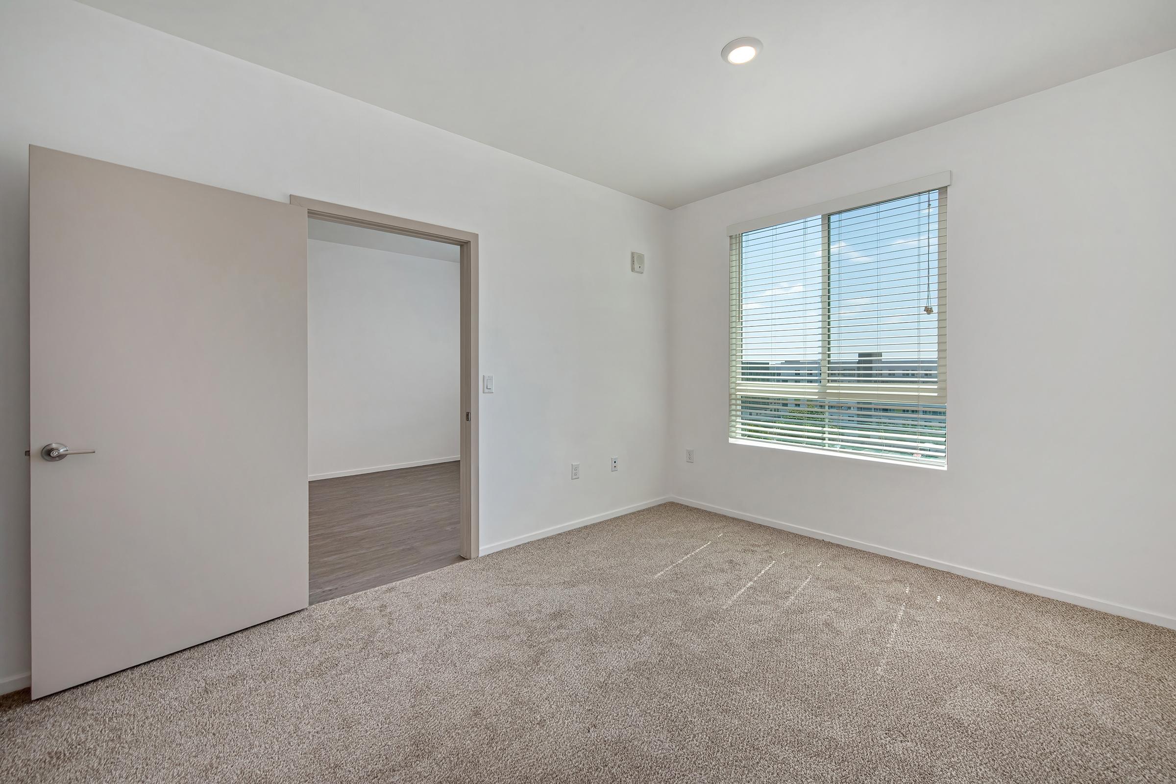 A bright, empty room with beige carpet, featuring a large window with blinds letting in natural light. A closed door on the left leads to another space, and the walls are painted white. The room has a clean, minimalist design, suitable for various uses.