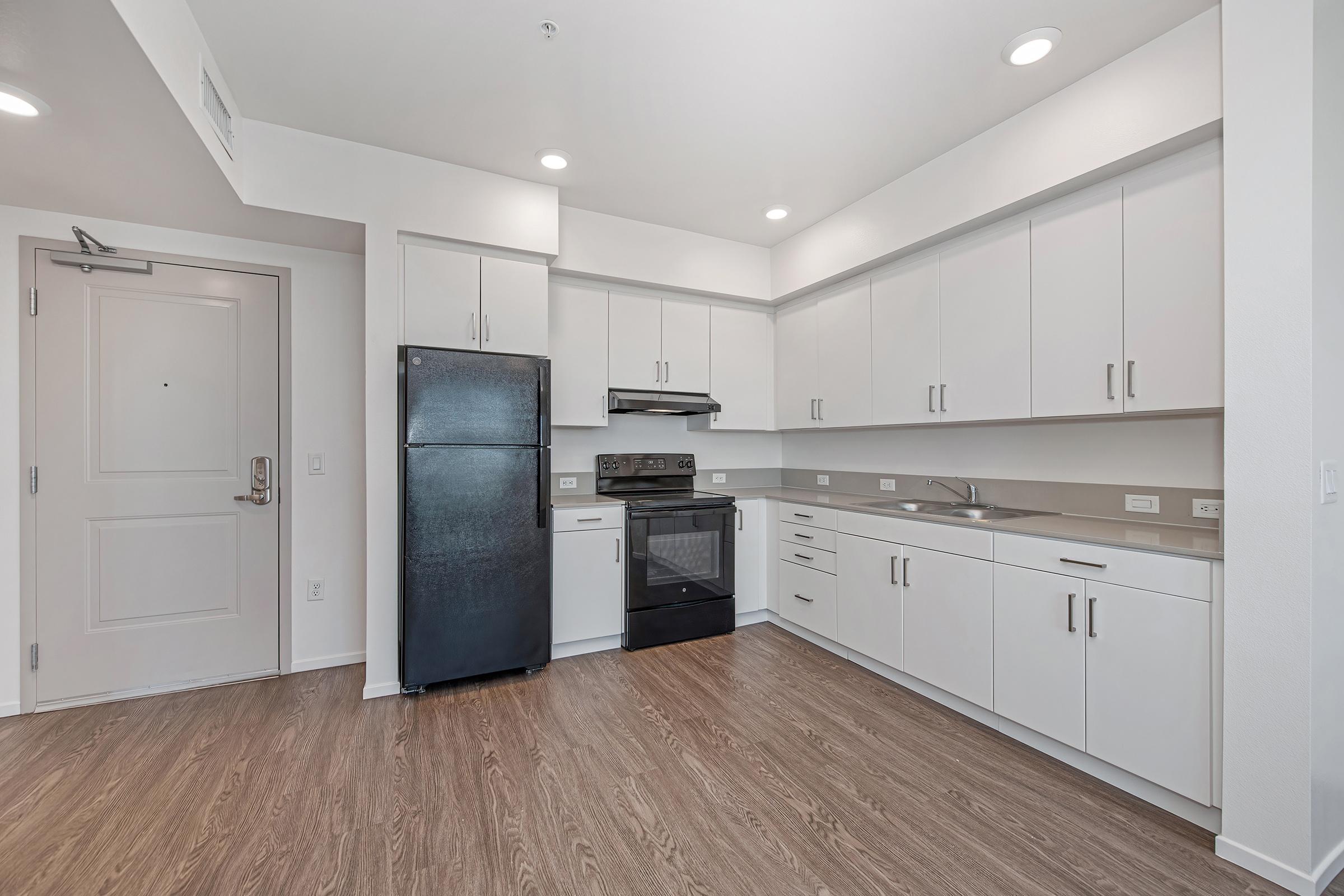 Modern kitchen in a contemporary apartment featuring white cabinets, a black refrigerator, a sleek black stove, and an oven. The space has a light-colored countertop and wood-style flooring, illuminated by recessed ceiling lights. A white door leads to an entrance, adding to the overall minimalist design.