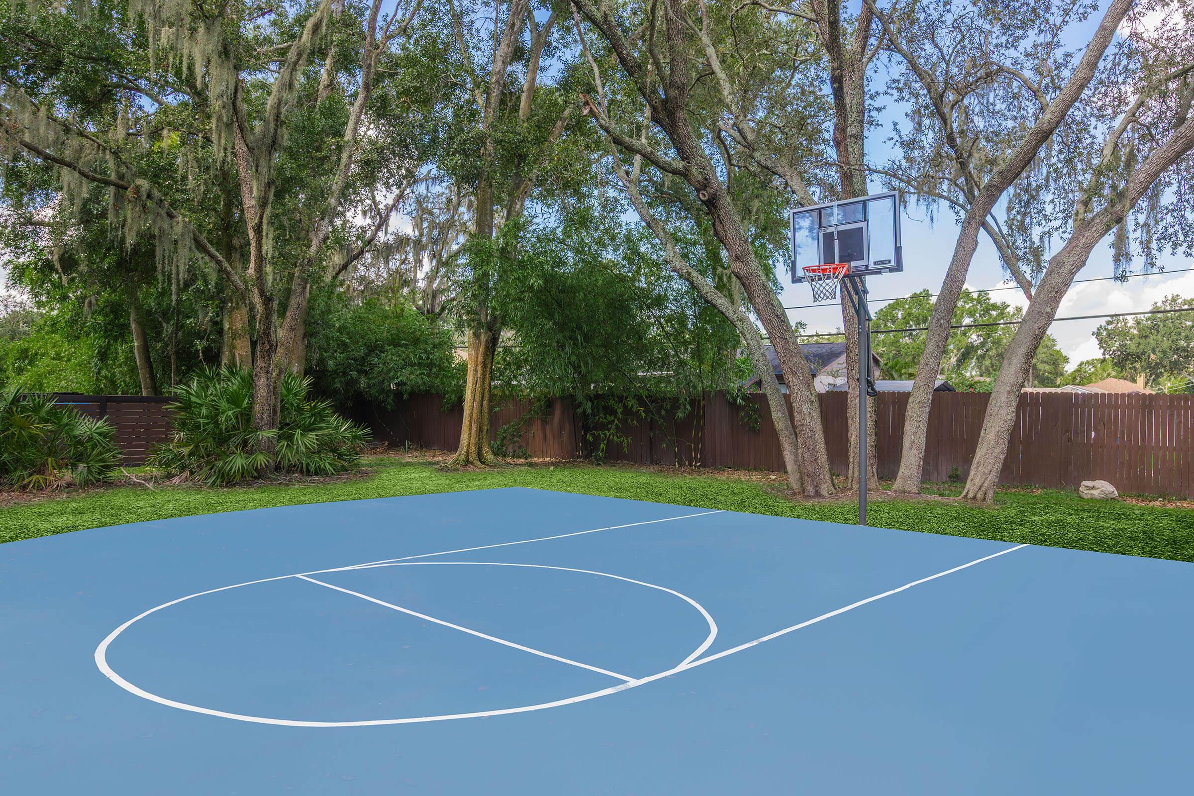 A backyard basketball court with a blue playing surface, surrounded by greenery and tall trees. A basketball hoop is visible at one end, while a wooden fence provides privacy in the background. The scene is bright and inviting, perfect for outdoor sports.