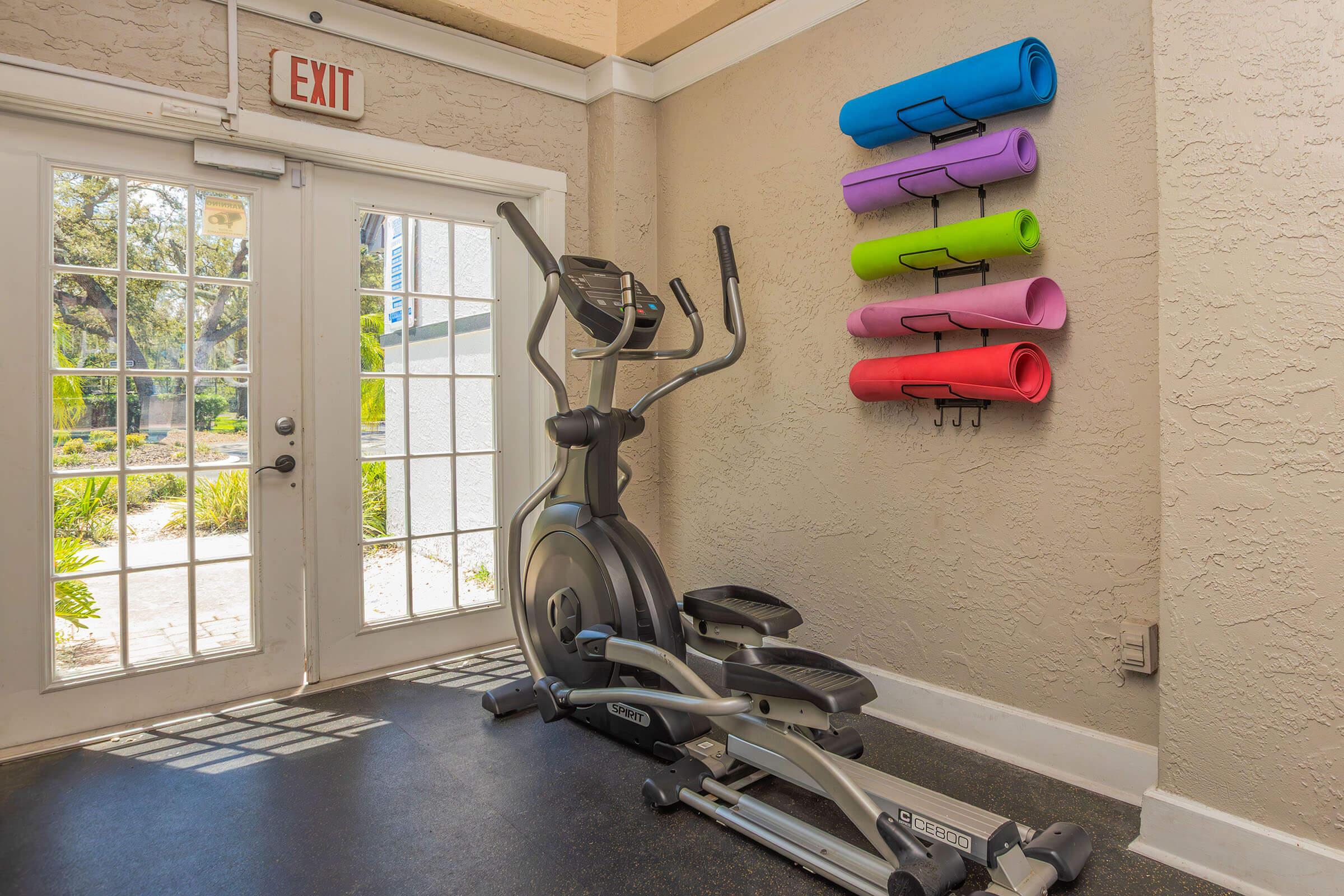 An interior gym space featuring an elliptical machine next to a door marked "EXIT." Colorful exercise mats are neatly arranged on a wall—pink, green, purple, and blue. Natural light enters through the door, illuminating the area and greenery visible outside.