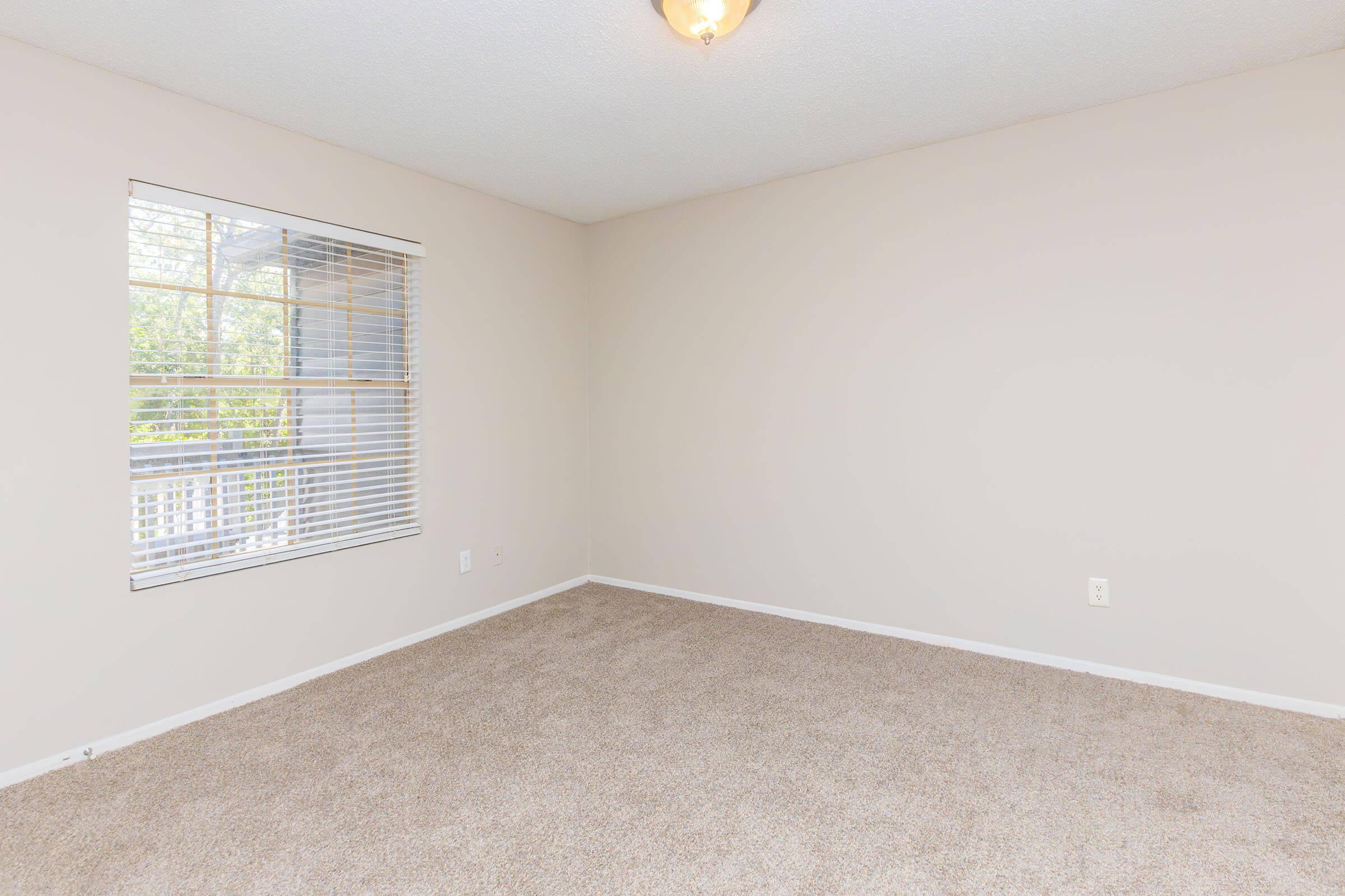 A spacious, empty room with light beige walls and plush carpet. A window with horizontal blinds lets in natural light, and the ceiling features a light fixture. The room has no furniture, creating an open and airy atmosphere, ideal for various uses or personal decoration.