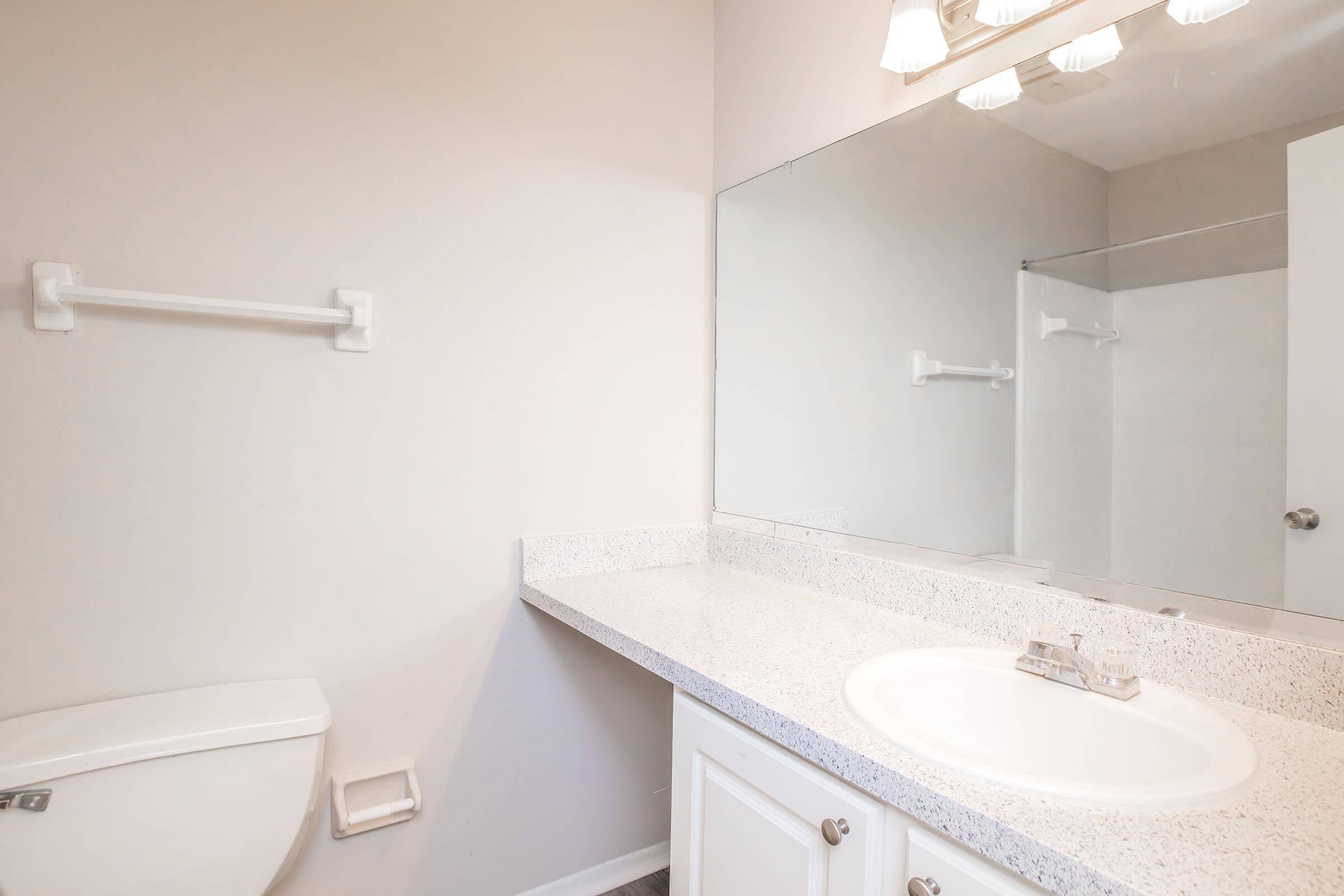 A modern bathroom featuring a white toilet, a long countertop with a sink, and a large mirror above the sink. The walls are painted in a light color, and there is a shower area visible behind a glass partition. The decor is minimalistic and bright, giving the space a clean and spacious feel.