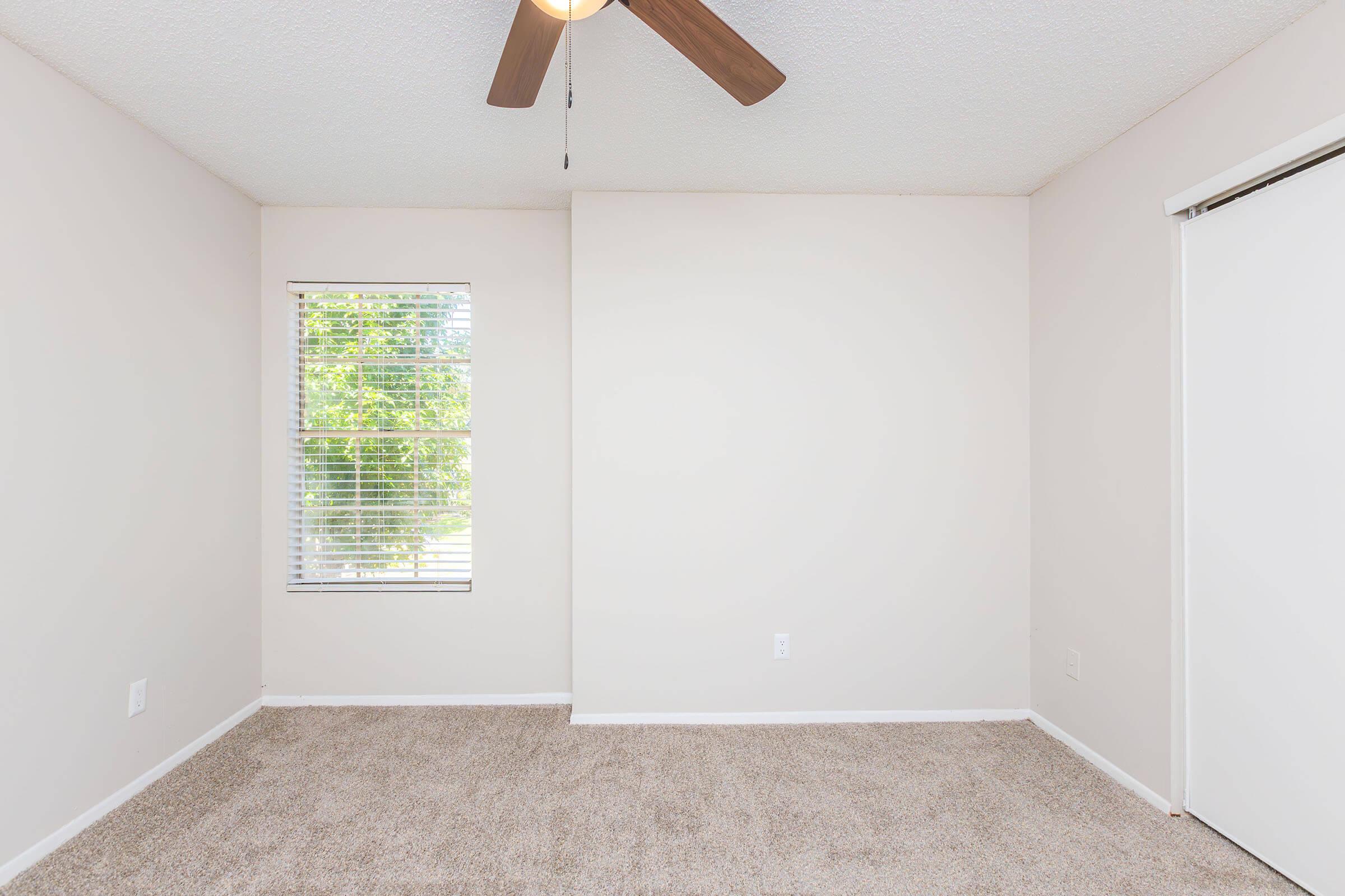 A vacant room with light beige walls and carpet, featuring a ceiling fan and a window with blinds that lets in natural light. There's a blank wall on one side and a closet door on the adjacent wall, creating a minimalistic and open space.