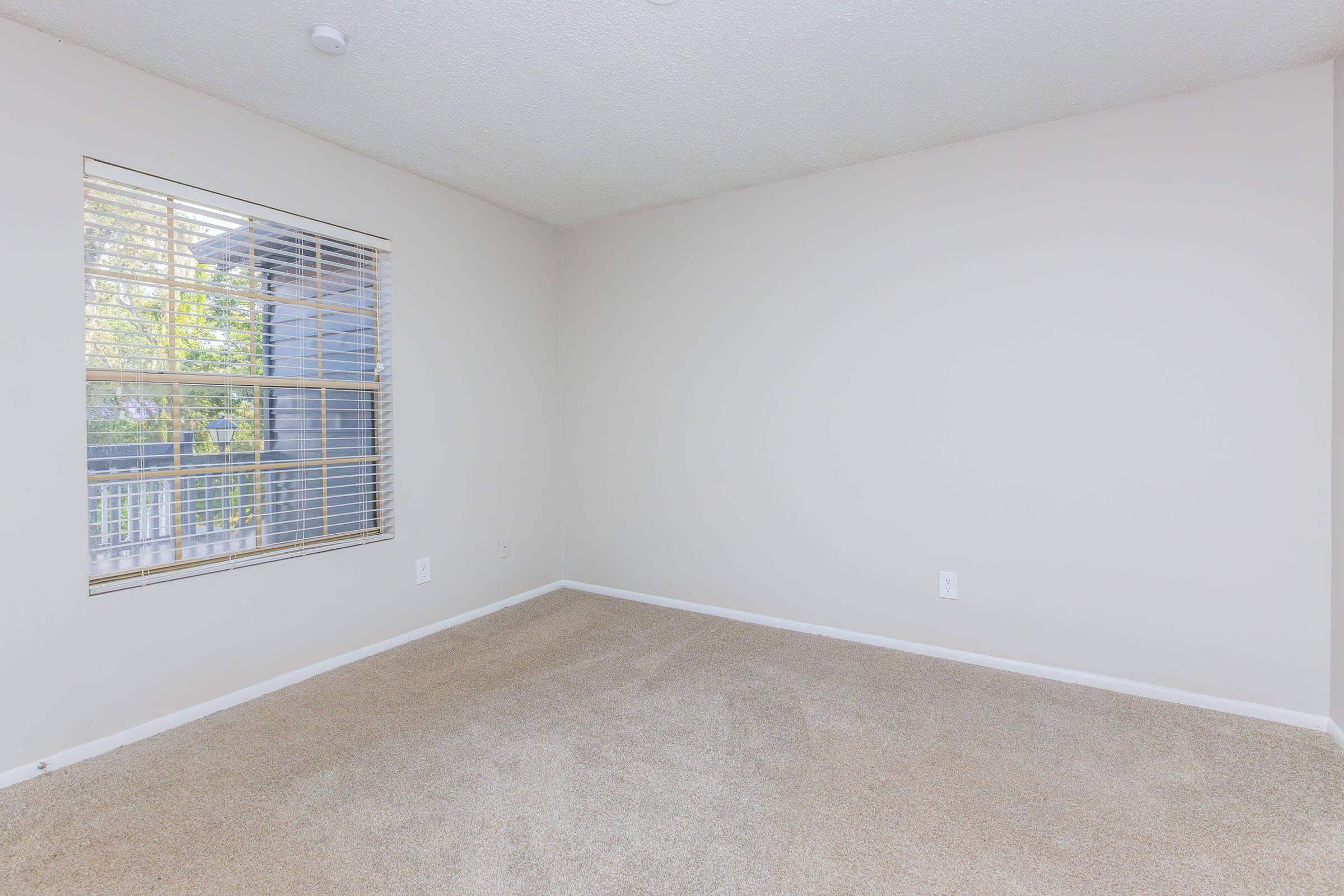 Empty room with beige carpet and light-colored walls. A window with blinds lets in natural light, illuminating the space. The room has no furniture, creating a spacious and minimalistic feel, ideal for various setups or purposes.