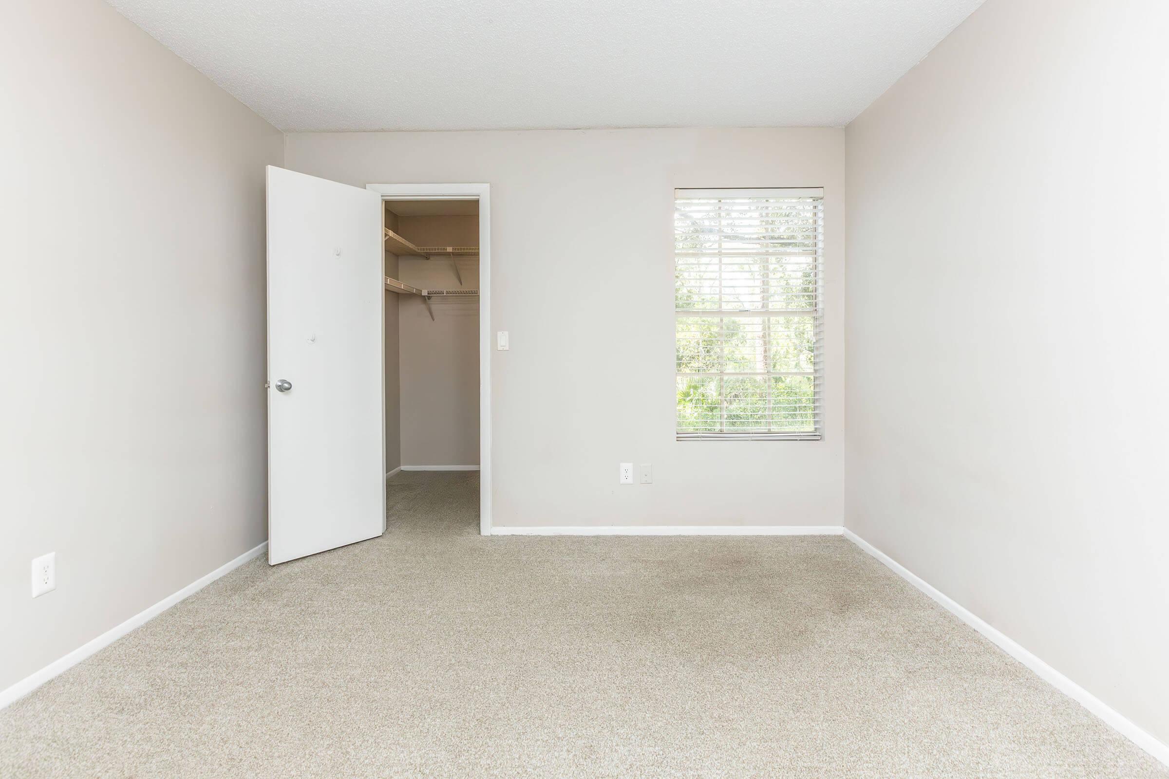 Empty room with light-colored walls and carpeted flooring. A white door is ajar, leading to a closet on the left. A window with blinds allows natural light to enter, illuminating the space, which has no furniture or decorations.