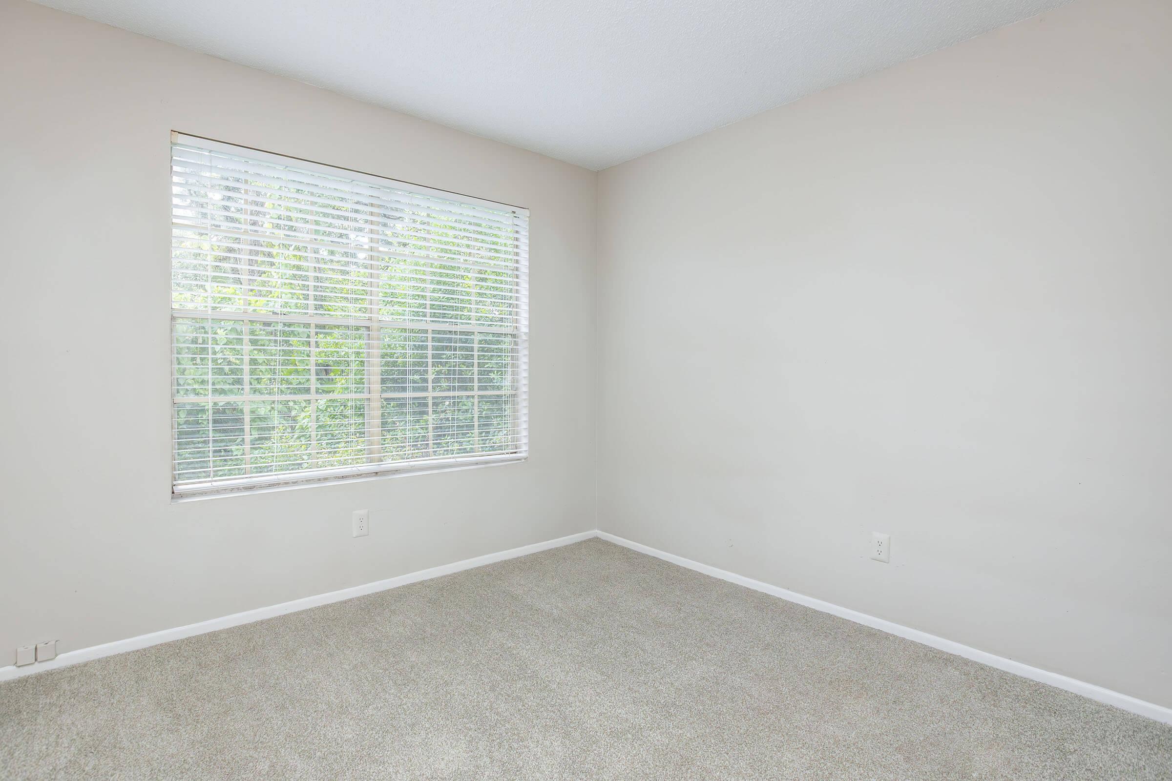 Empty room with light beige walls and a soft carpet. A large window with white blinds allows natural light to enter, revealing a view of greenery outside. The space is minimalistic, with no furniture or decorations present.