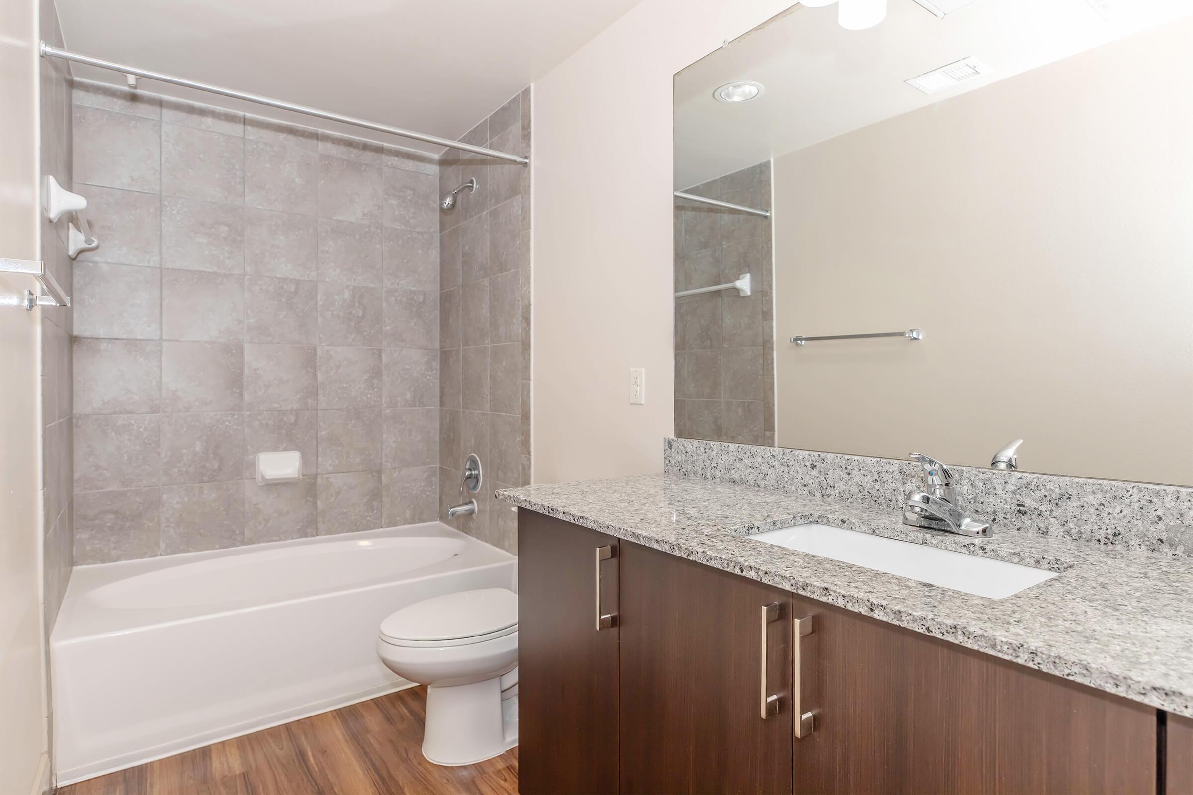 Modern bathroom featuring a bathtub with a shower, a toilet, and a sleek vanity with a sink. The walls are tiled, and the flooring is wood-like. A large mirror is above the sink, providing ample lighting.