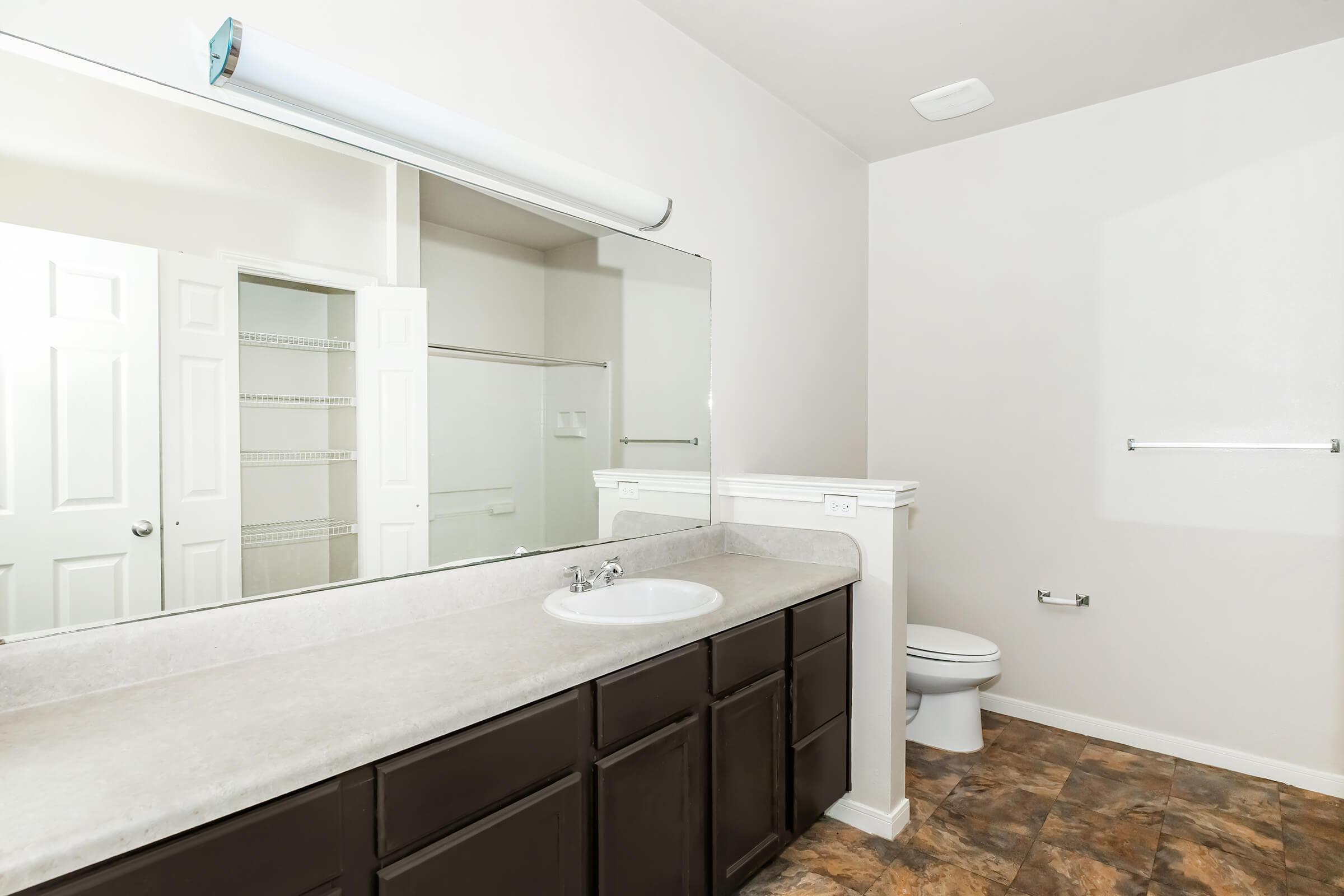 A spacious bathroom with a large mirror above a white countertop. The sink is installed in the counter, which is supported by dark wooden cabinets underneath. A toilet is visible on the right, and there are two doors leading to adjoining rooms. The walls are painted light gray, and the floor features a modern tile design.