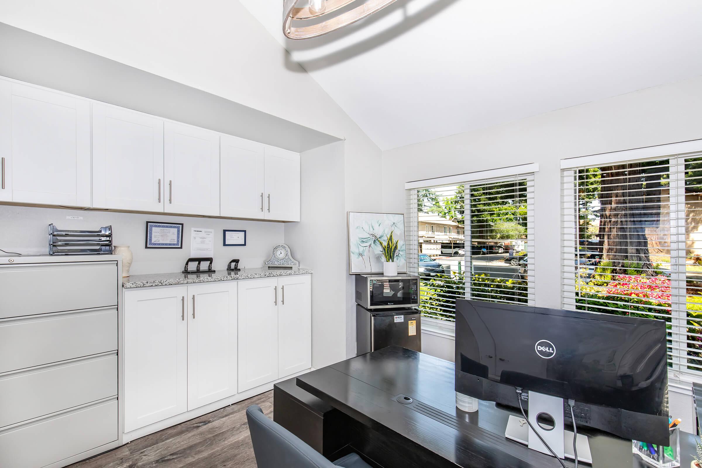 A modern office space featuring a desk with a Dell monitor, a filing cabinet, and a decorative piece on the wall. Natural light filters through windows with blinds, showcasing a view of greenery outside. The room has a clean, organized look with a light color palette.