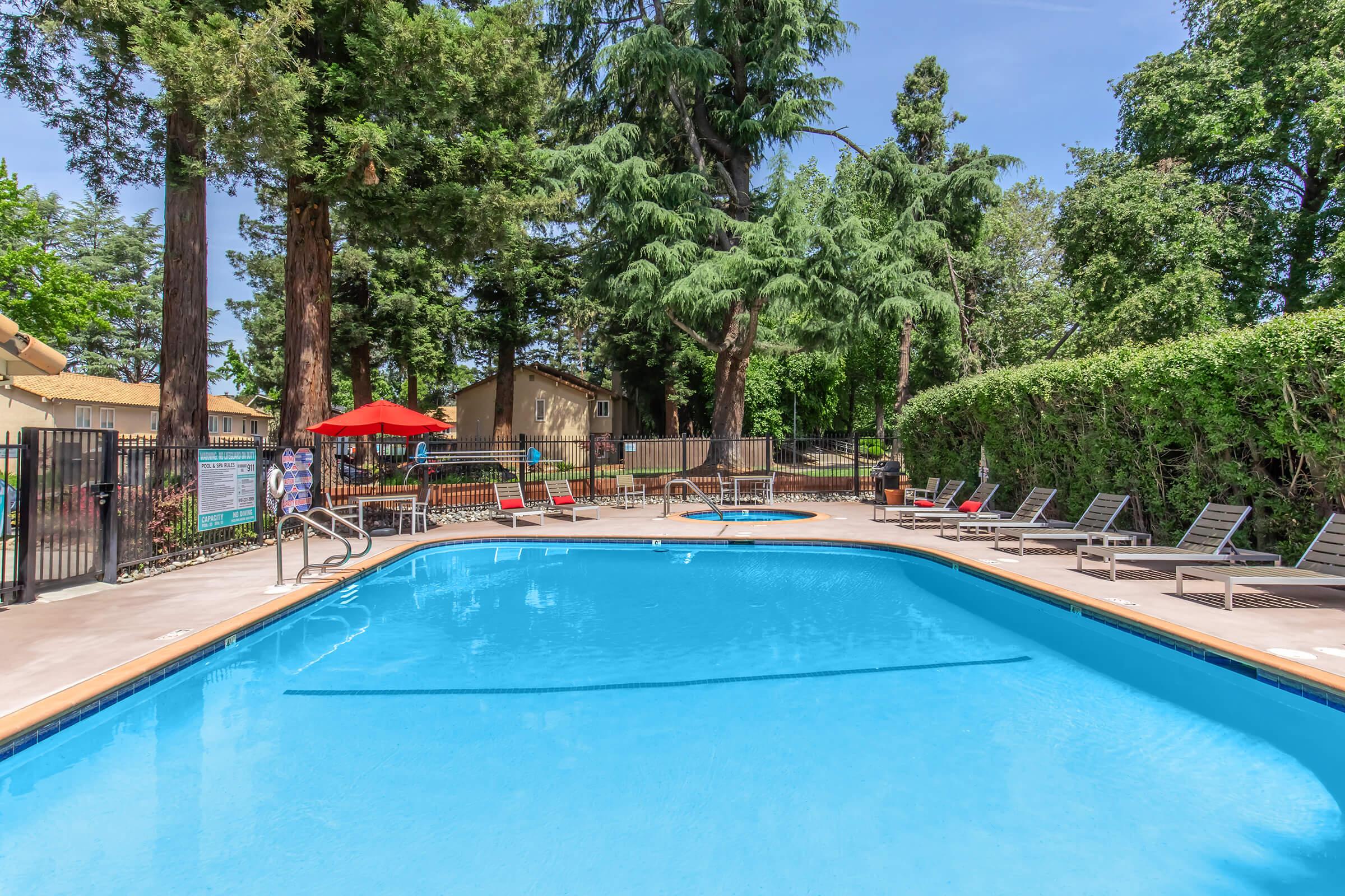 A bright and inviting outdoor swimming pool surrounded by lounge chairs and umbrellas. Lush green trees and hedges provide a natural backdrop. There are amenities like a hot tub nearby, and a few people can be seen enjoying the area on a sunny day. The atmosphere suggests a relaxing, community-oriented space.