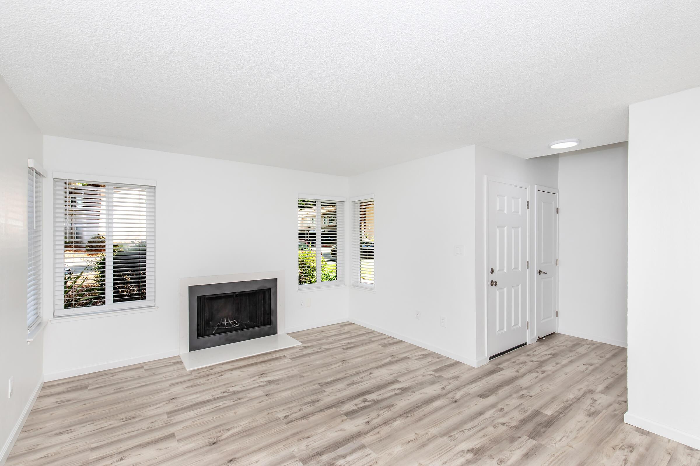 A bright, empty living room featuring light-colored walls and wooden flooring. There is a modern fireplace on one wall, and two windows with blinds allowing natural light to enter. A door leading to another room is visible in the corner, creating an open and spacious atmosphere.