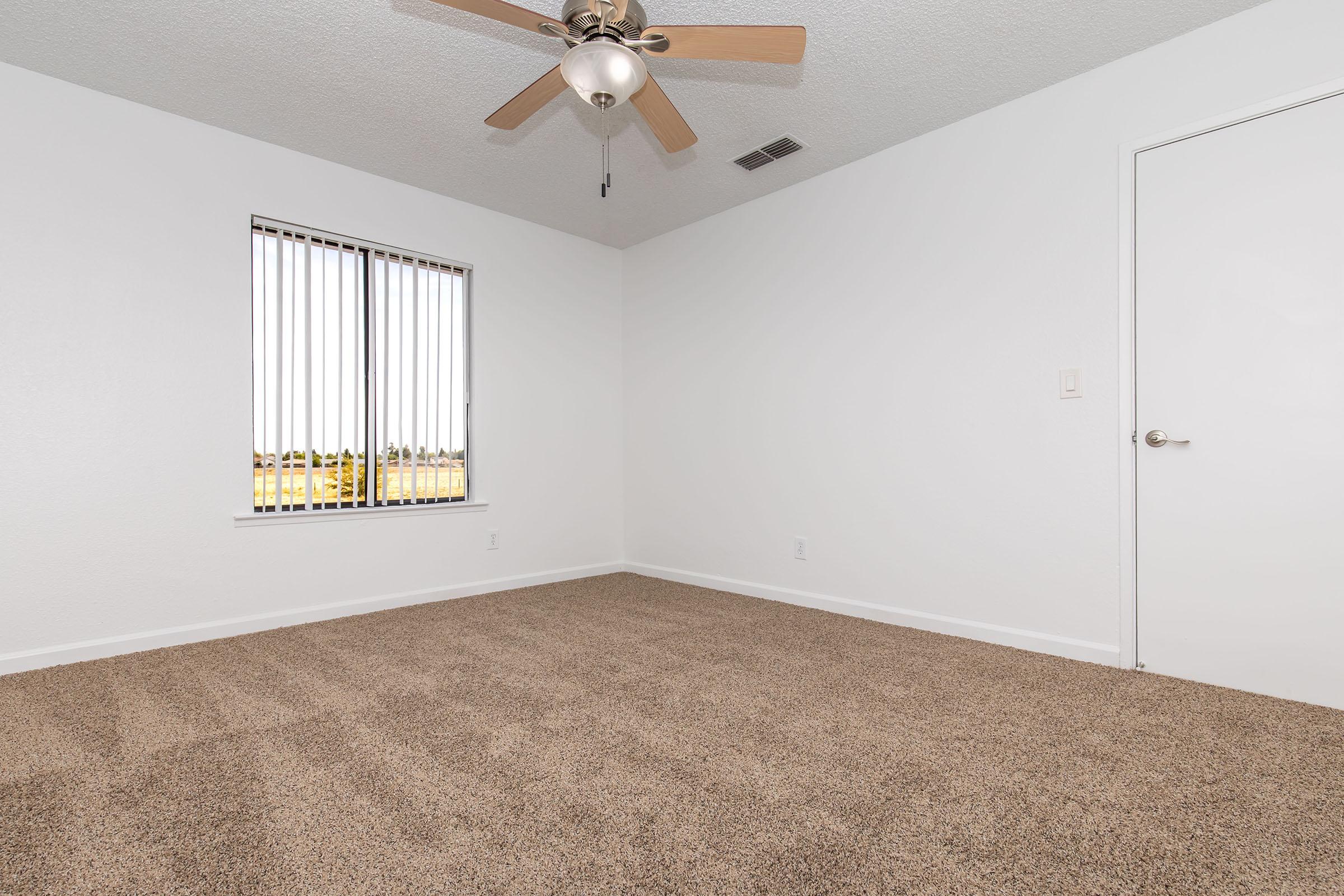 A spacious, empty room with beige carpet flooring, a ceiling fan, and a window with vertical blinds. The walls are painted white, and the door is seen on the right. Natural light illuminates the room from the window, which overlooks an outdoor area.