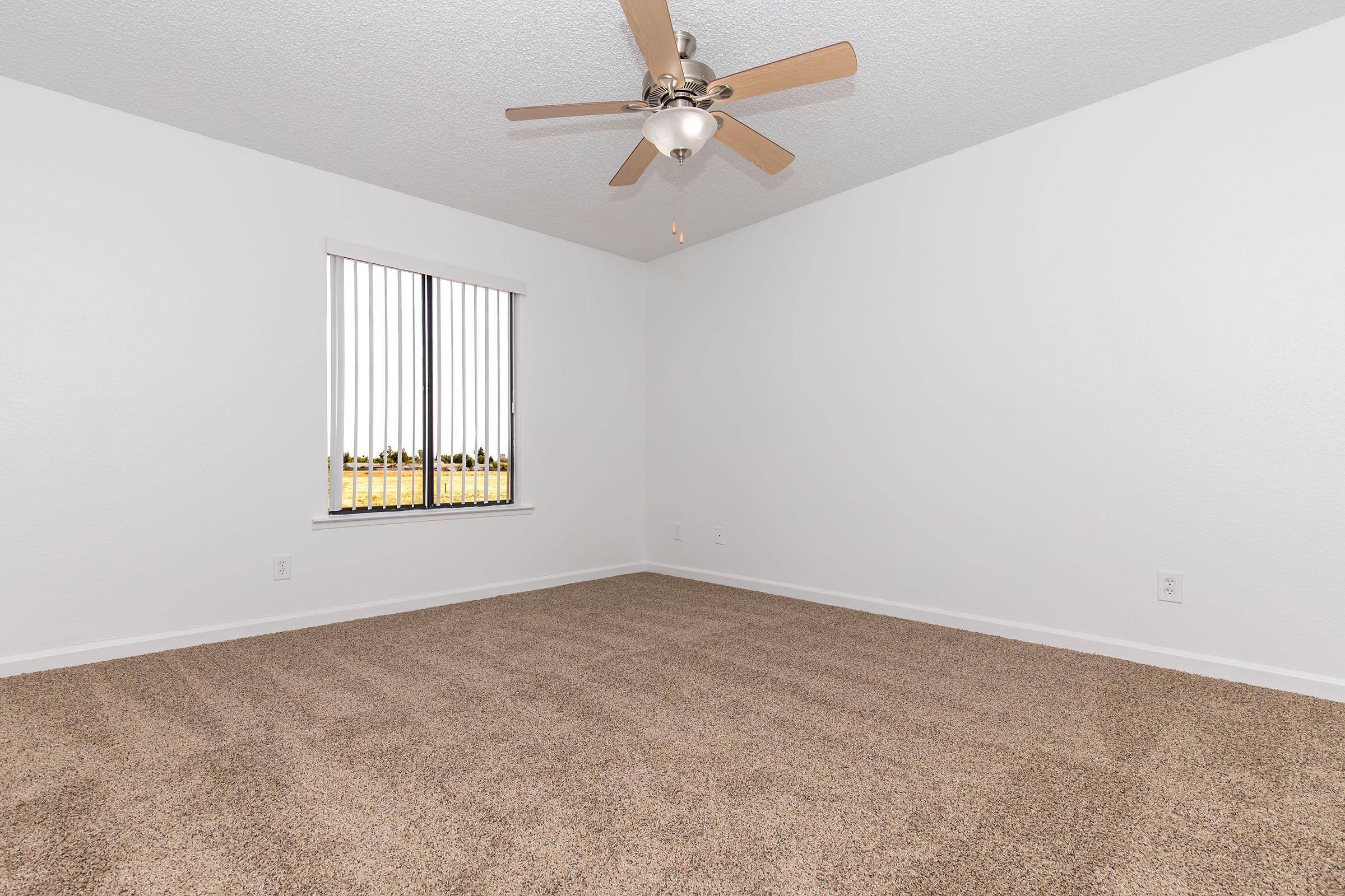 Empty room with light beige carpeting, a ceiling fan with wooden blades, and a window featuring vertical blinds. The walls are painted white, and the window offers a view of an outdoor scene. The space is well-lit and minimalistic, suitable for various interior design options.