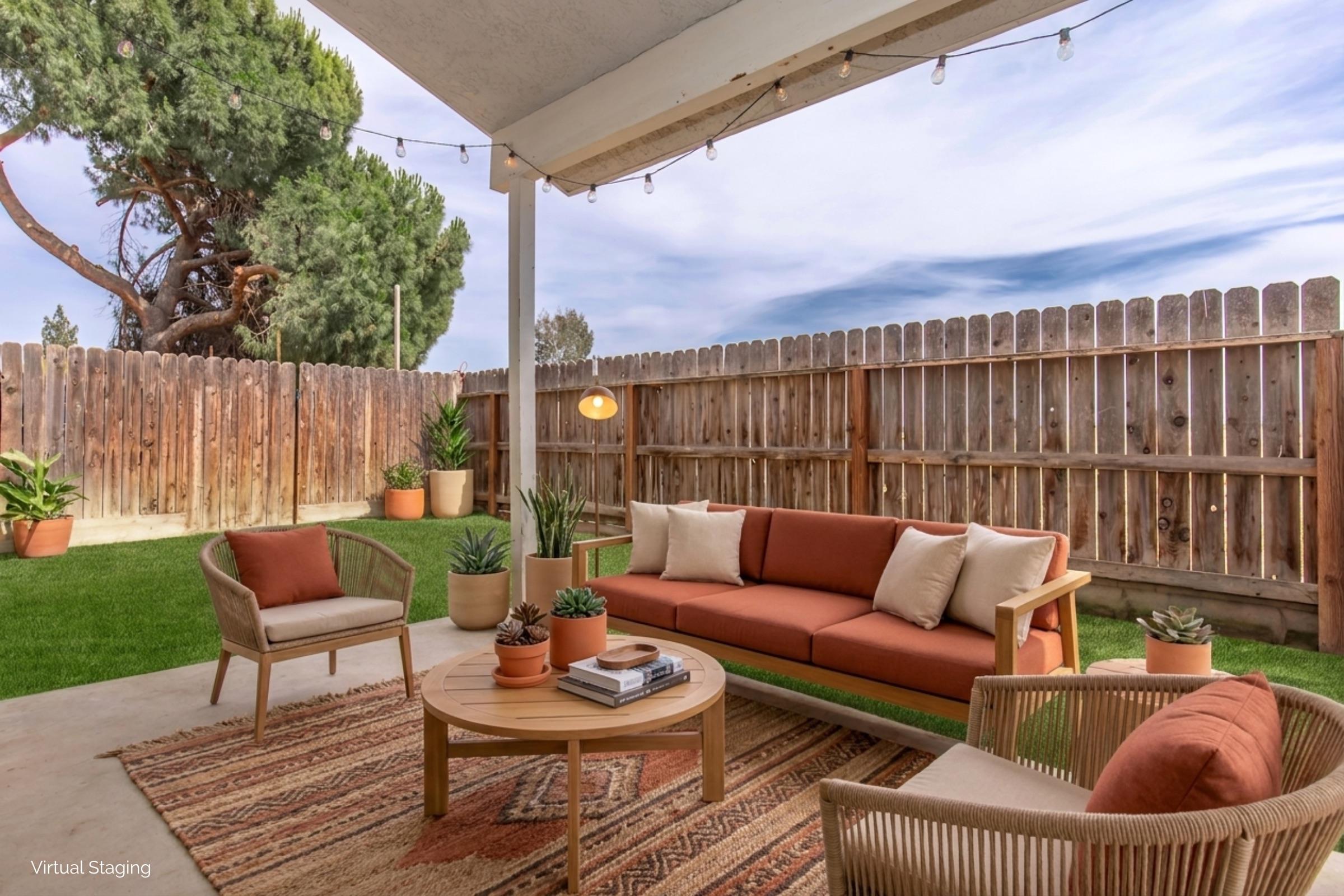 A cozy outdoor living space featuring a brown and orange sectional sofa, a round coffee table, and stylish chairs. Potted plants are arranged around the area, and string lights hang above. The backdrop includes a wooden fence and green grass, creating a welcoming atmosphere for relaxation.
