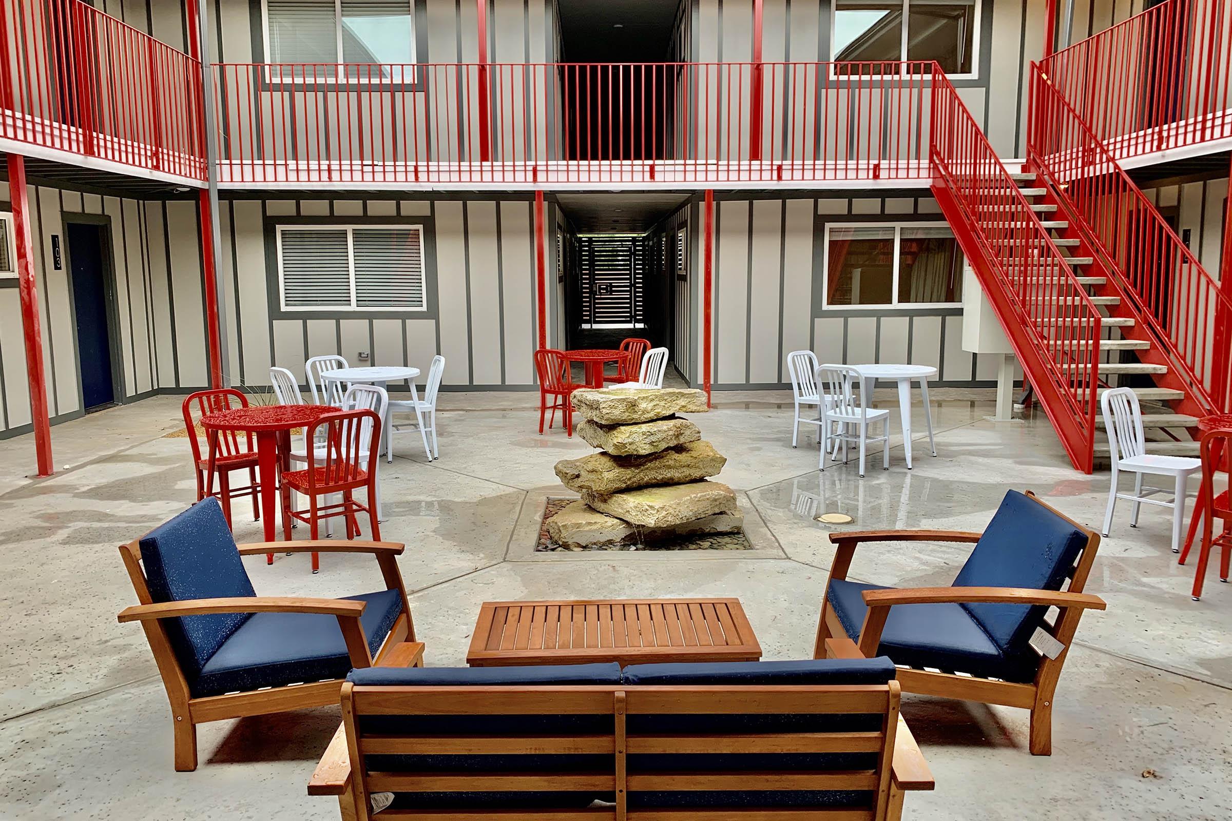 blue chairs in the community area