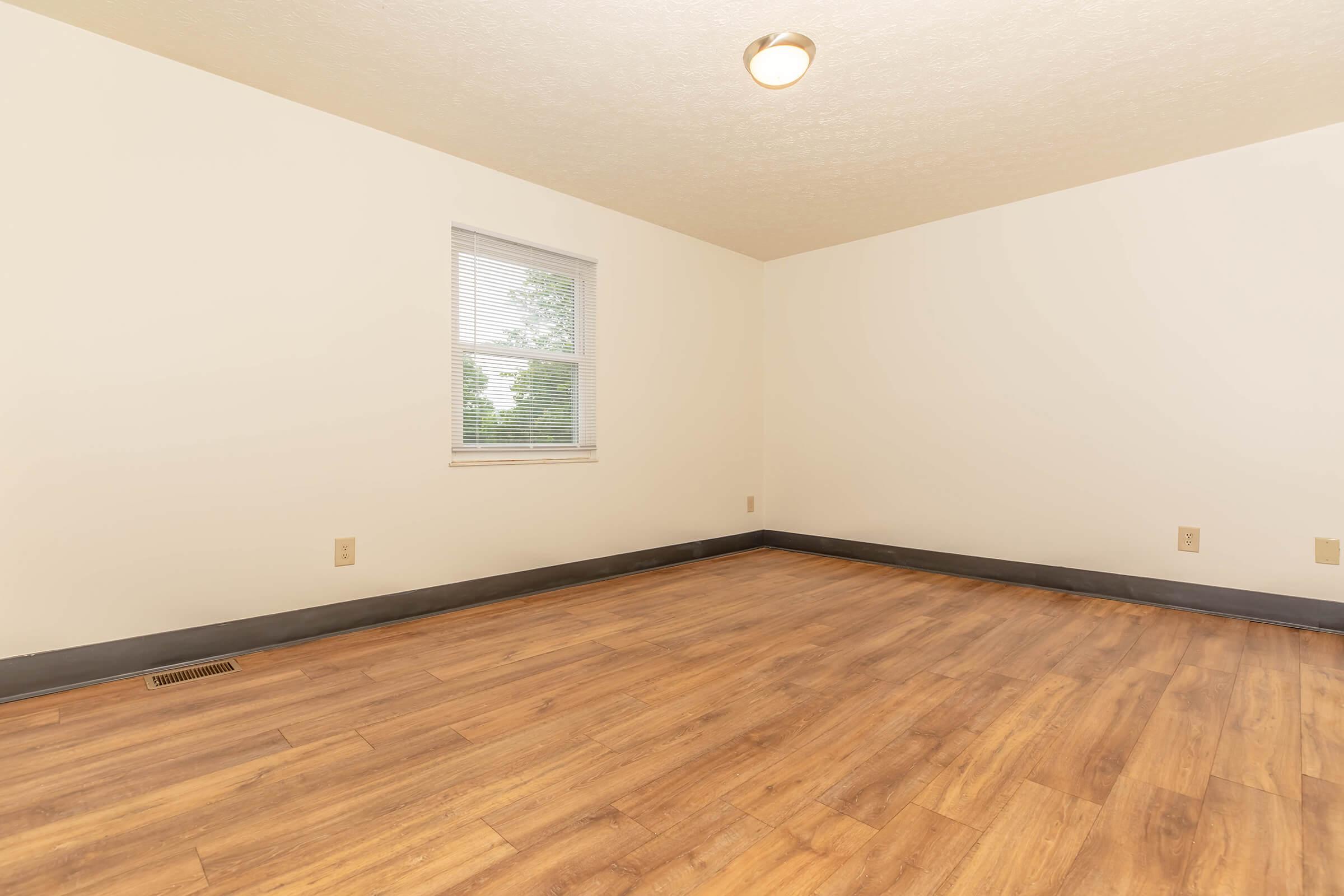 Empty room with light-colored walls and a window letting in natural light. The floor is covered in wood-like laminate, and there is a ceiling light fixture. The room has a clean and simple appearance with no furniture or decorations.