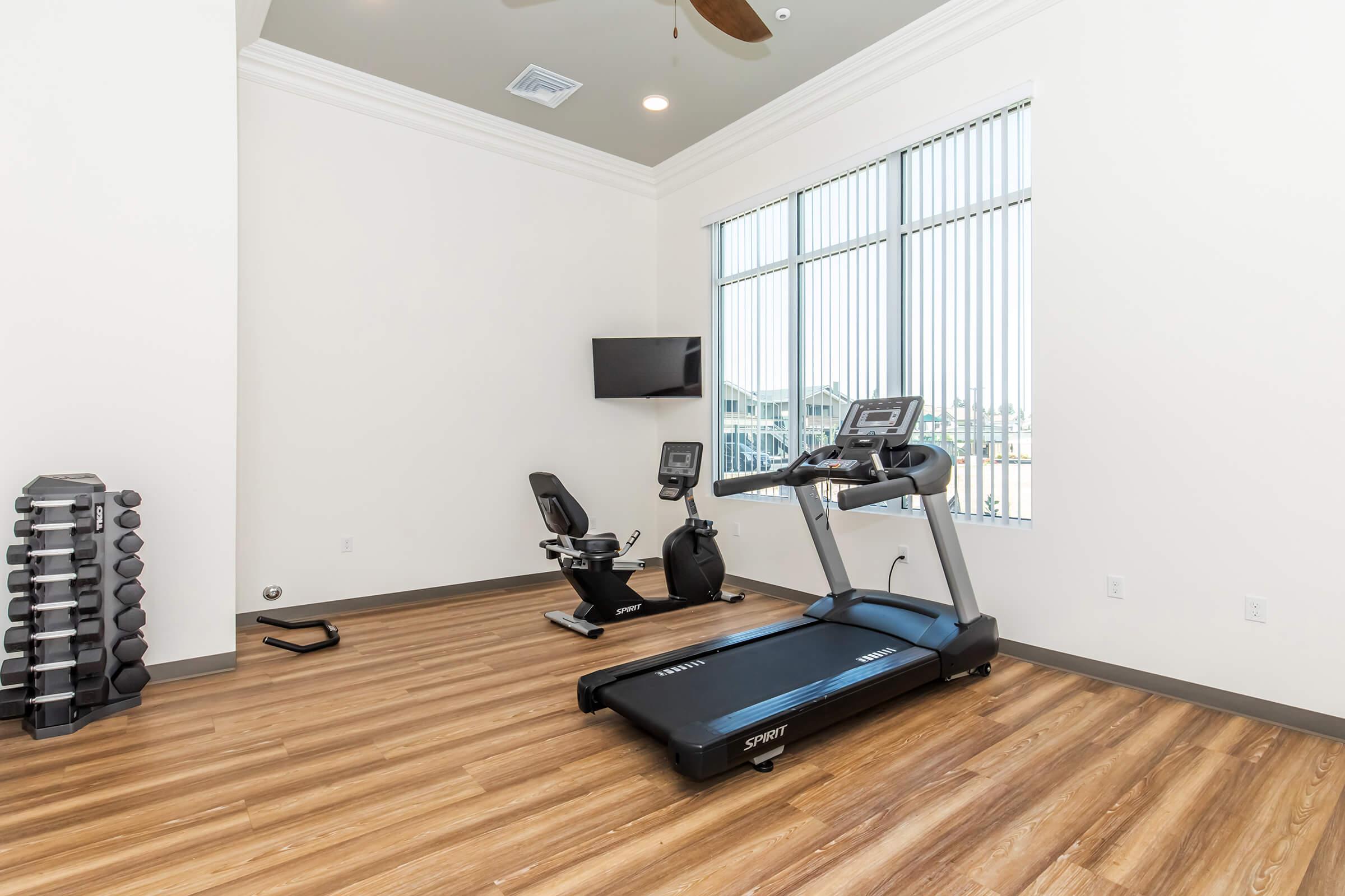 A modern fitness room featuring a treadmill and a stationary bike, with a television mounted on the wall. Bright natural light enters through large windows with vertical blinds. The floor has a warm wood finish, and there is a rack of neatly arranged dumbbells in one corner.