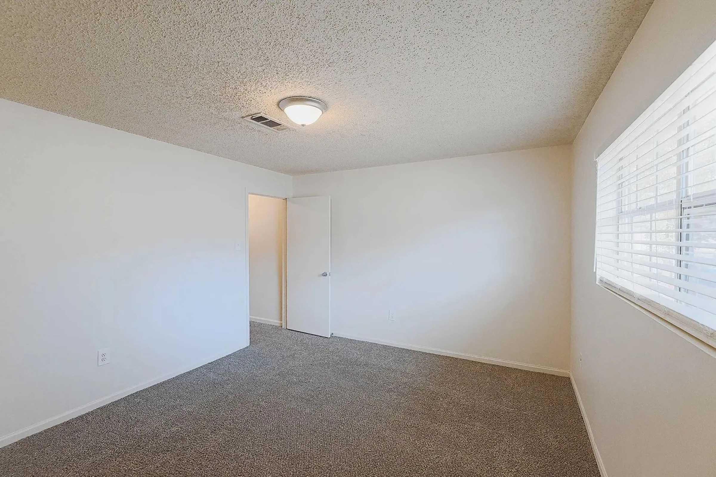A bright, unfurnished room with light beige walls, a textured ceiling, and carpeted flooring. There is a white door leading to another space and a window with blinds allowing natural light. The space appears clean and ready for decorating or moving in.