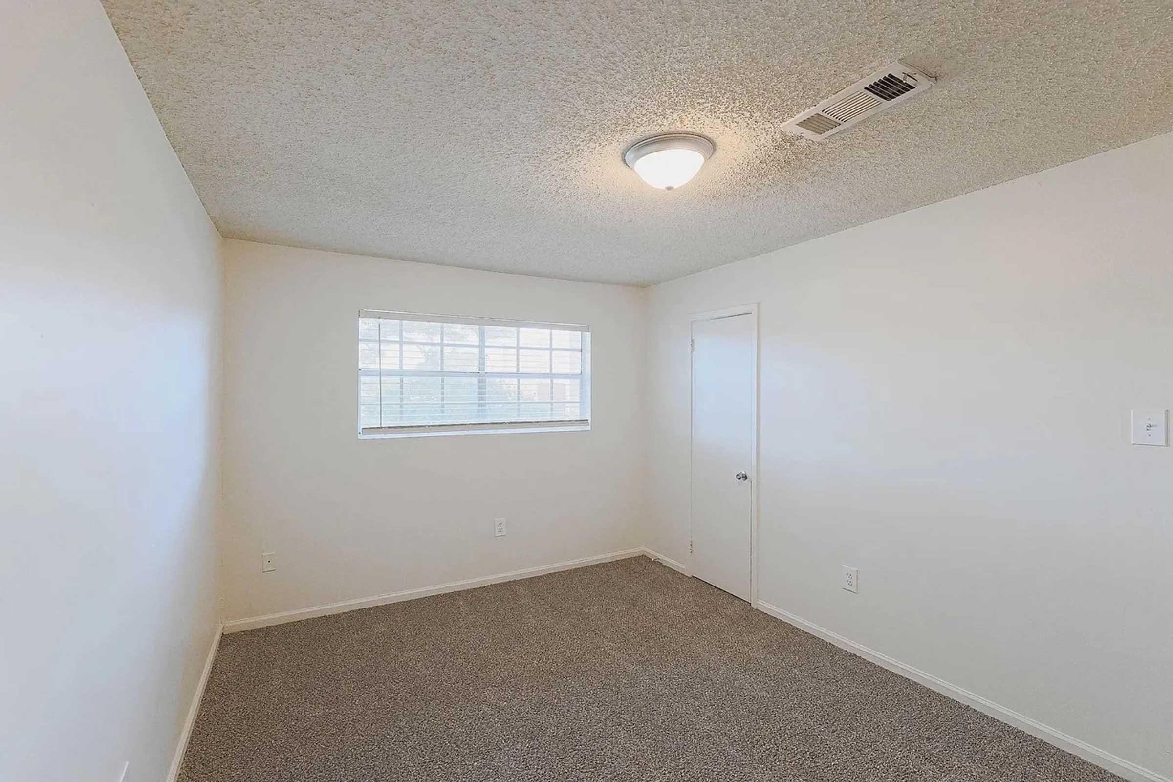 A small, empty room featuring light grey carpeting, white walls, and a ceiling light fixture. A window with blinds allows natural light, and there is a closed door on one wall.