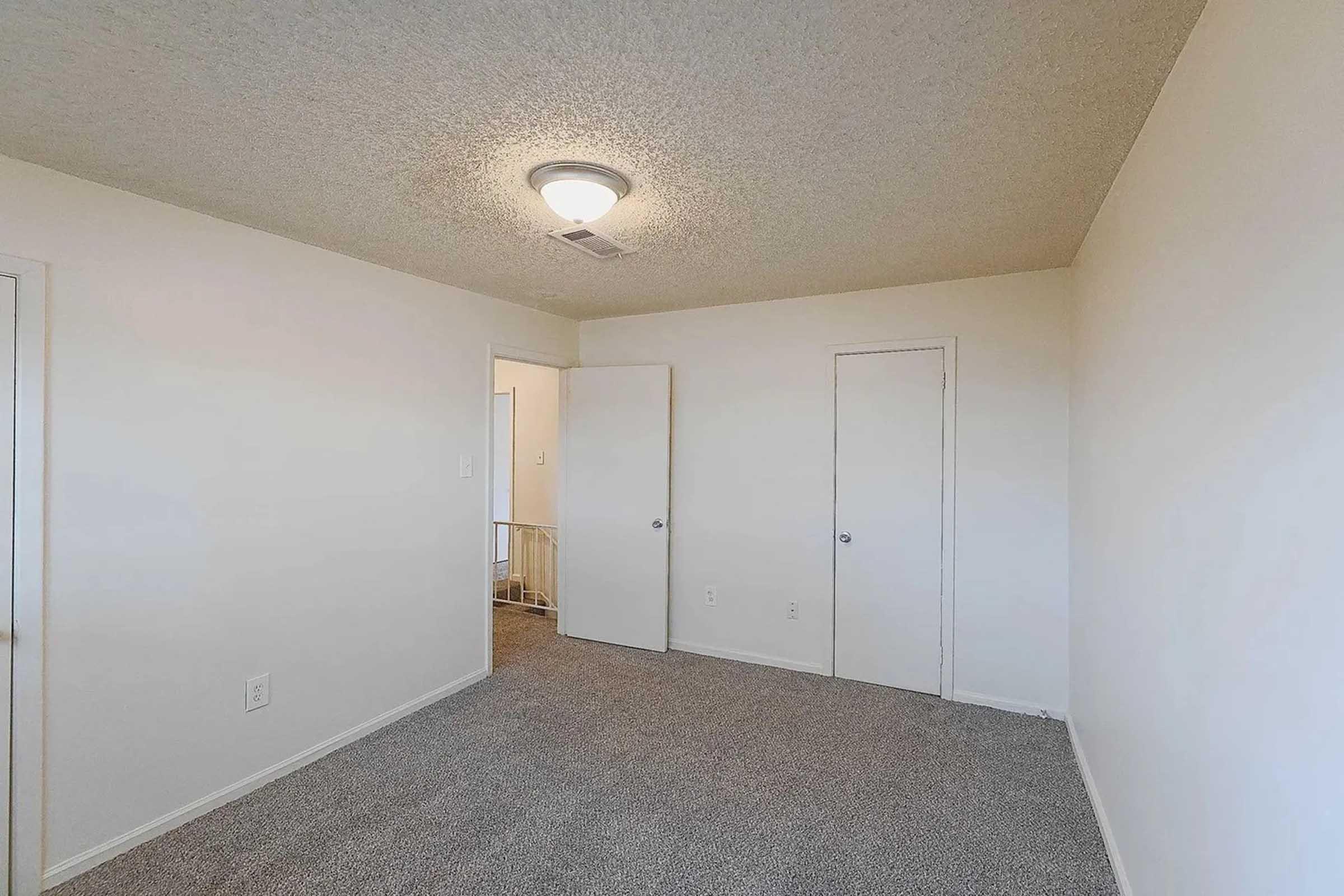 A spacious, empty room featuring light gray carpet and textured ceiling. There is a ceiling light fixture providing overhead illumination. Two white doors lead to adjacent areas, highlighting the room's neutrality and potential for personalization. The walls are painted in a light color, creating a bright atmosphere.