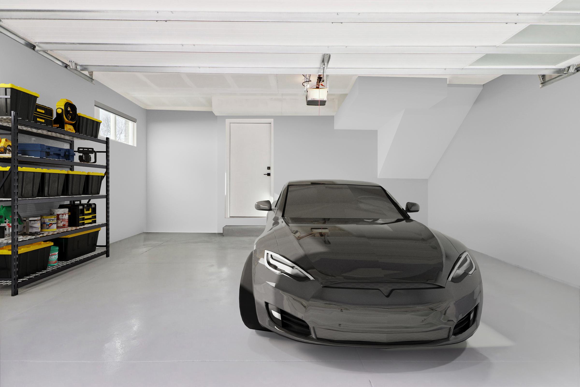A sleek black sports car parked in a modern, uncluttered garage with gray walls. Shelving units filled with tools and supplies are visible in the background, and there is a door leading outside. The garage has bright, even lighting, highlighting the car's design.