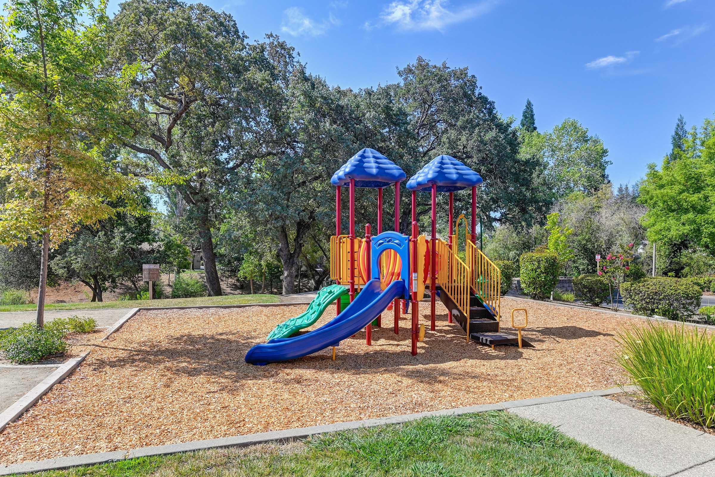 Colorful playground equipment with blue and yellow slides, situated in a park area surrounded by trees and shrubs. The ground is covered with wood chips, and the sky is clear with a few clouds. The playground is designed for children to play and explore.