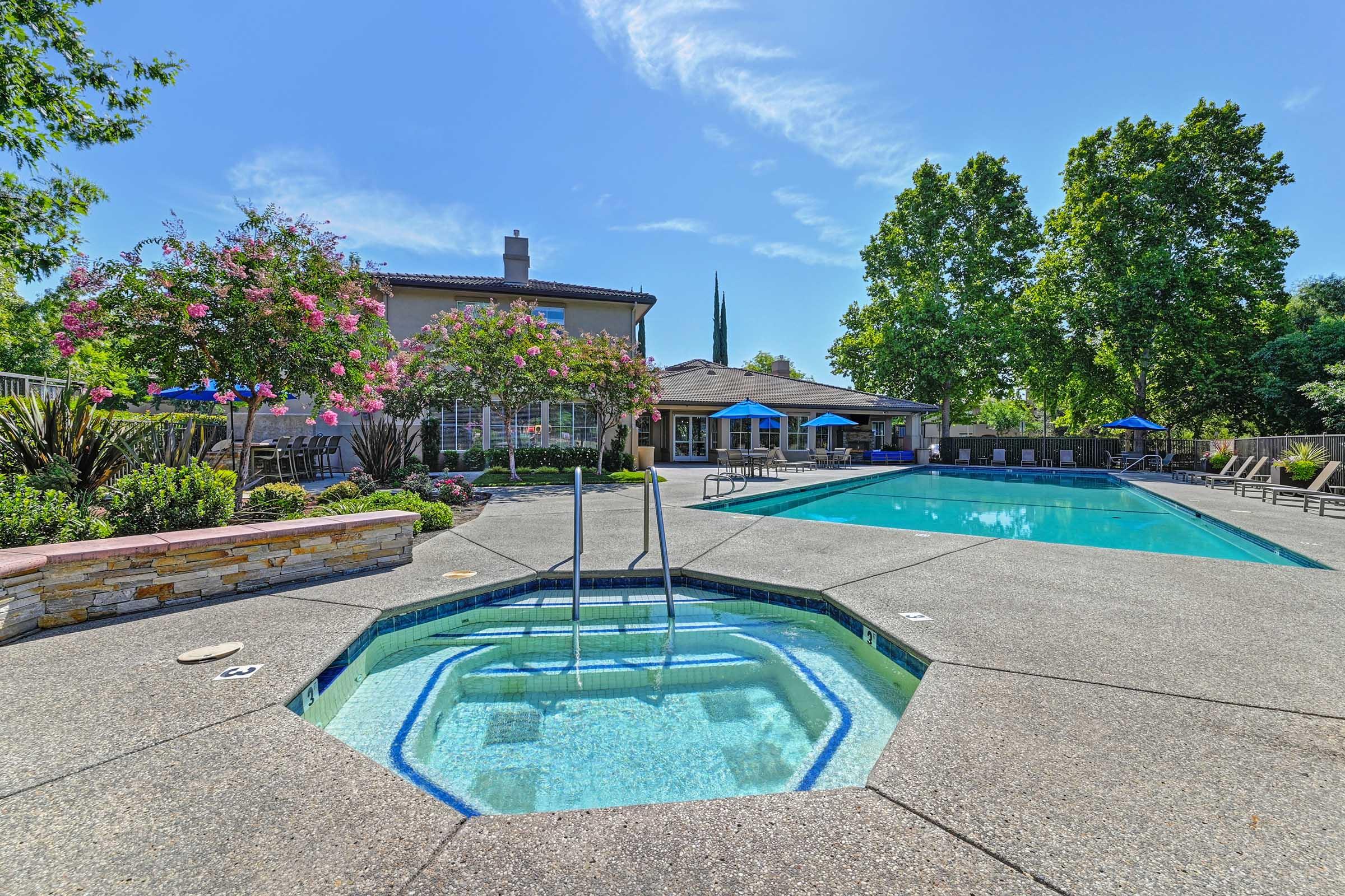 A clear blue swimming pool and a hot tub surrounded by a concrete patio. Lush green trees and flowering plants add to the scenery, with lounge chairs and umbrellas nearby. In the background, a spacious building with outdoor seating is visible under a bright blue sky.