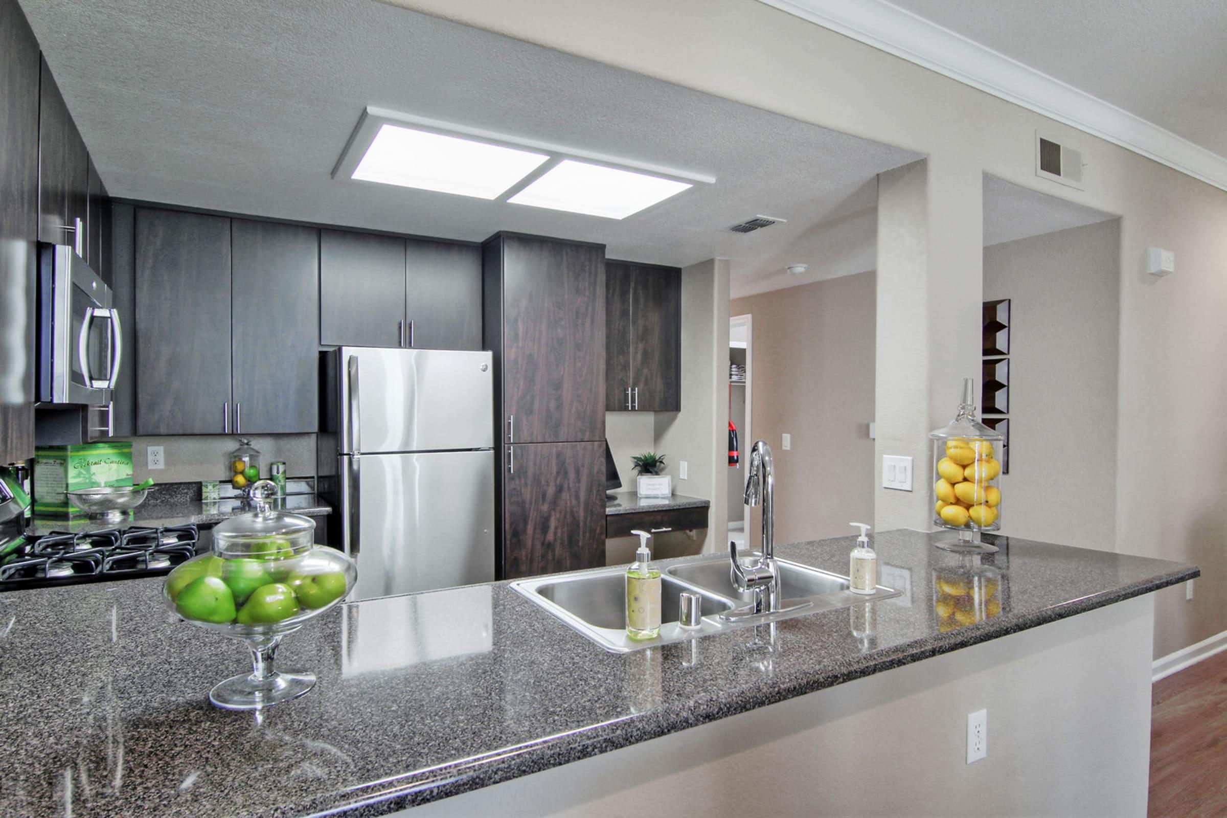Modern kitchen with dark wood cabinetry and stainless steel appliances. A granite countertop features a sink and decorative glass containers filled with green apples and yellow lemons. Bright overhead lighting enhances the space, creating a clean and contemporary atmosphere.