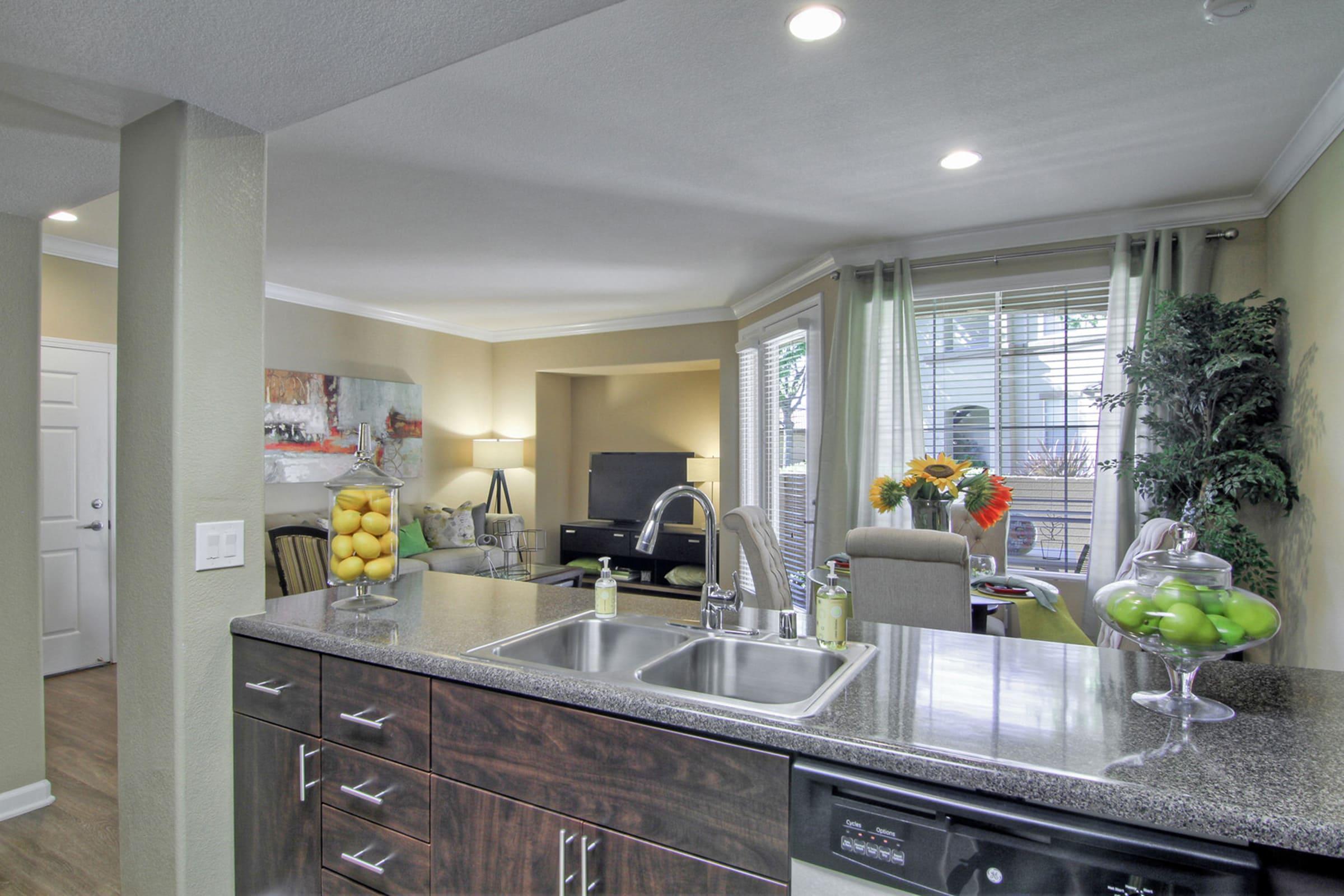 Bright and modern kitchen with dark cabinetry and a granite countertop. A view opens to a cozy living area featuring a TV, comfortable seating, and large windows with natural light. Decorative elements include a fruit bowl with lemons and greenery, creating an inviting atmosphere.