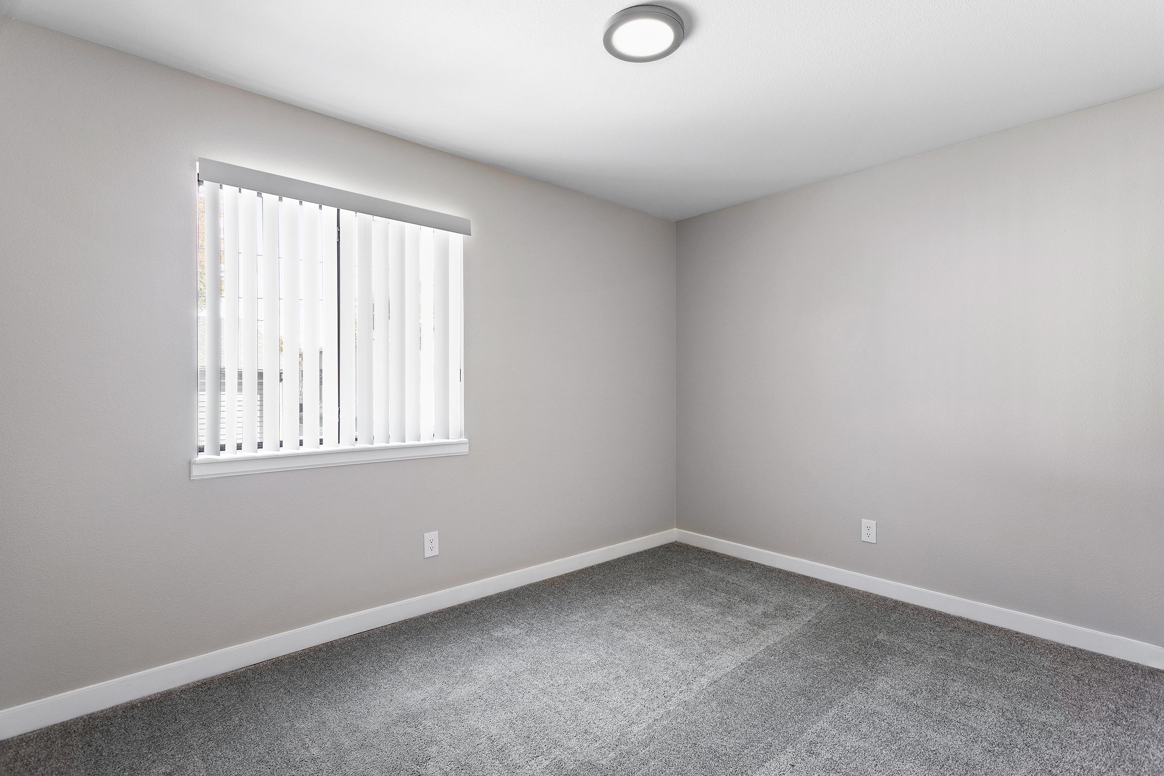 Empty room with light gray walls and carpeting, featuring a single window with vertical blinds. Ceiling light provides illumination in the space, which appears uncluttered and ready for furnishing.