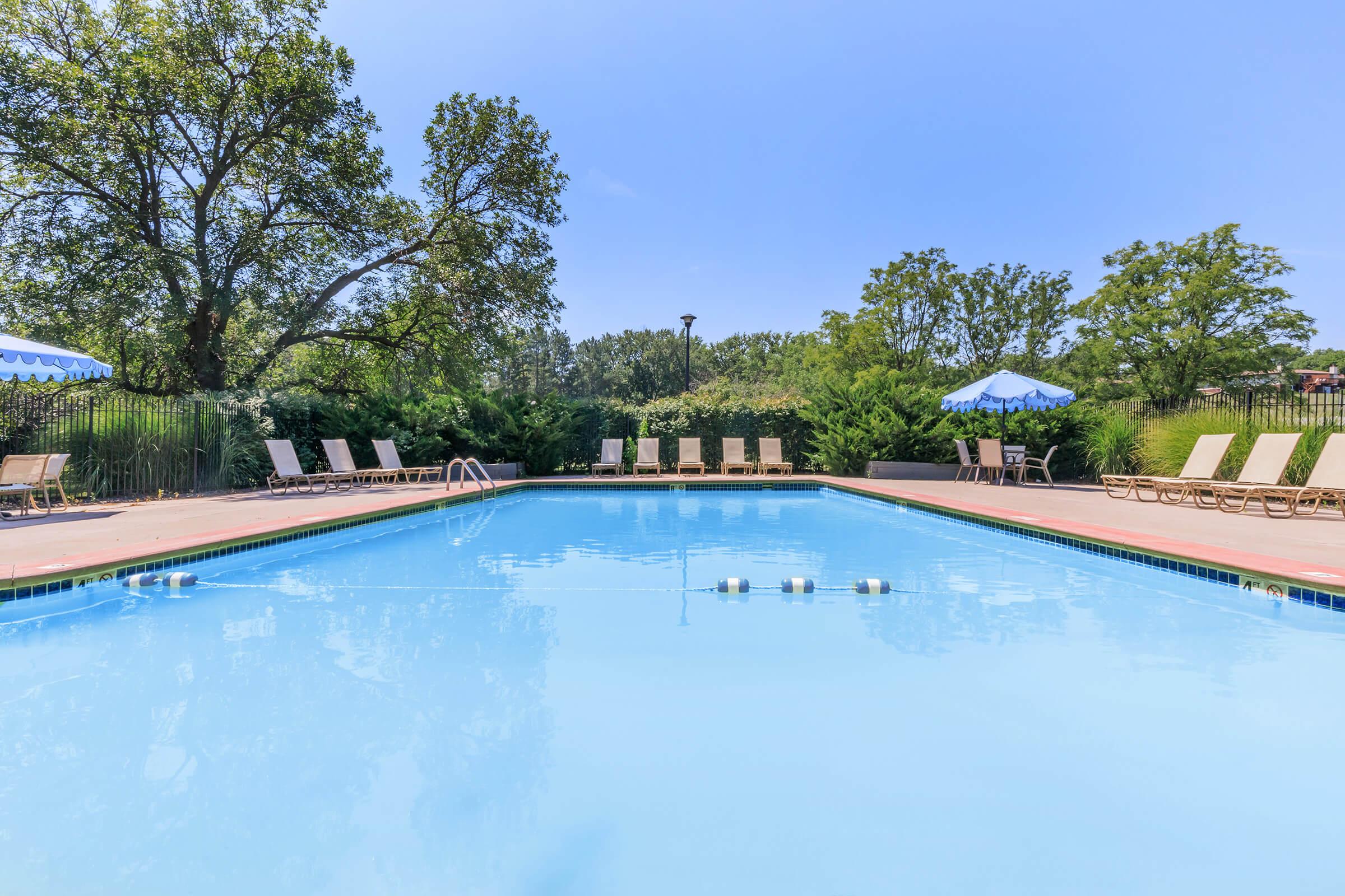 A serene swimming pool surrounded by lounge chairs and umbrellas. The clear blue water reflects the blue sky, with trees lining the background for a tranquil atmosphere. The setting is ideal for relaxation and leisure.
