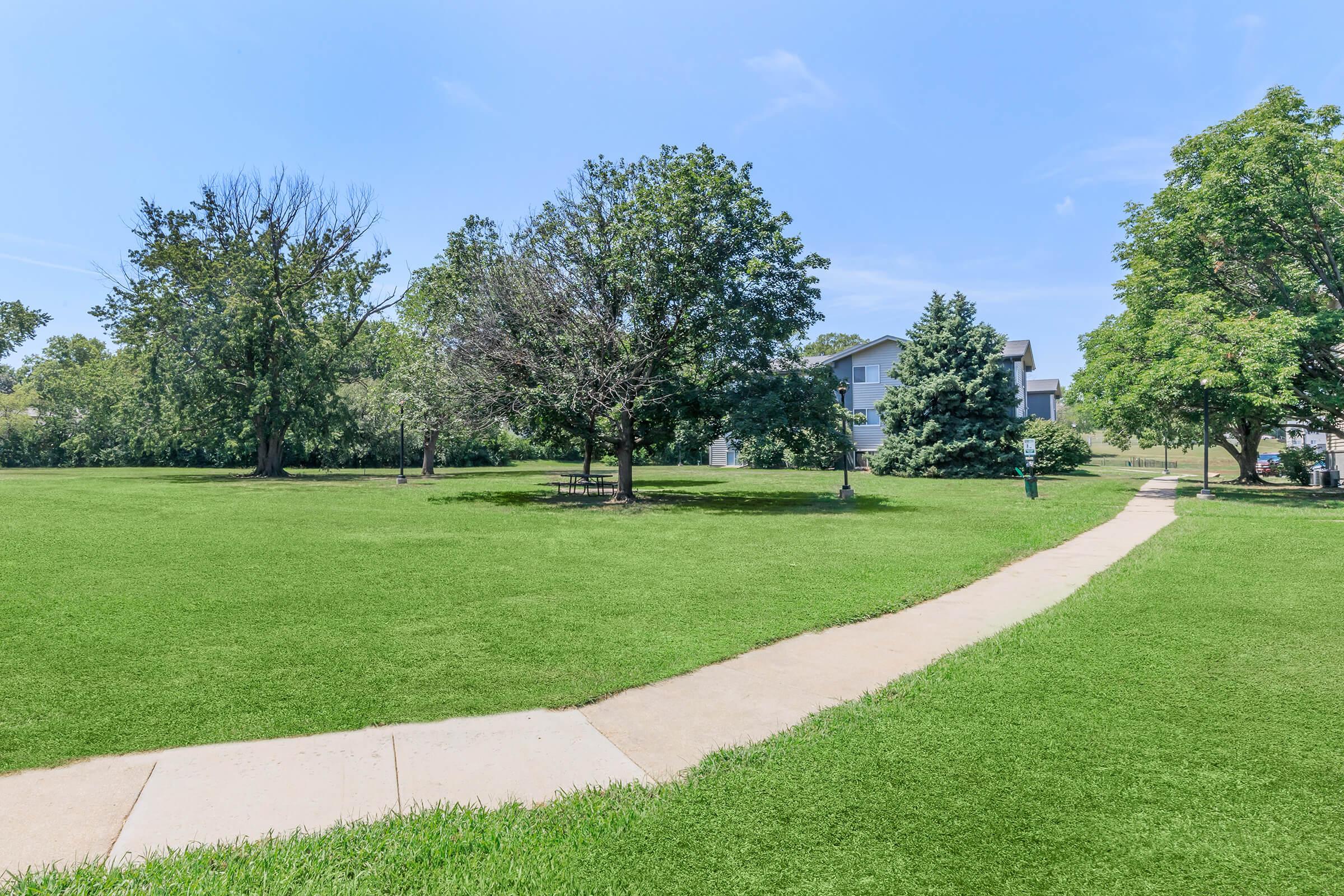 A wide open green park area with a smooth pathway winding through it. There are several trees, including a large leafy tree and a smaller tree with sparse foliage. In the background, there are residential buildings visible among the trees under a clear blue sky.