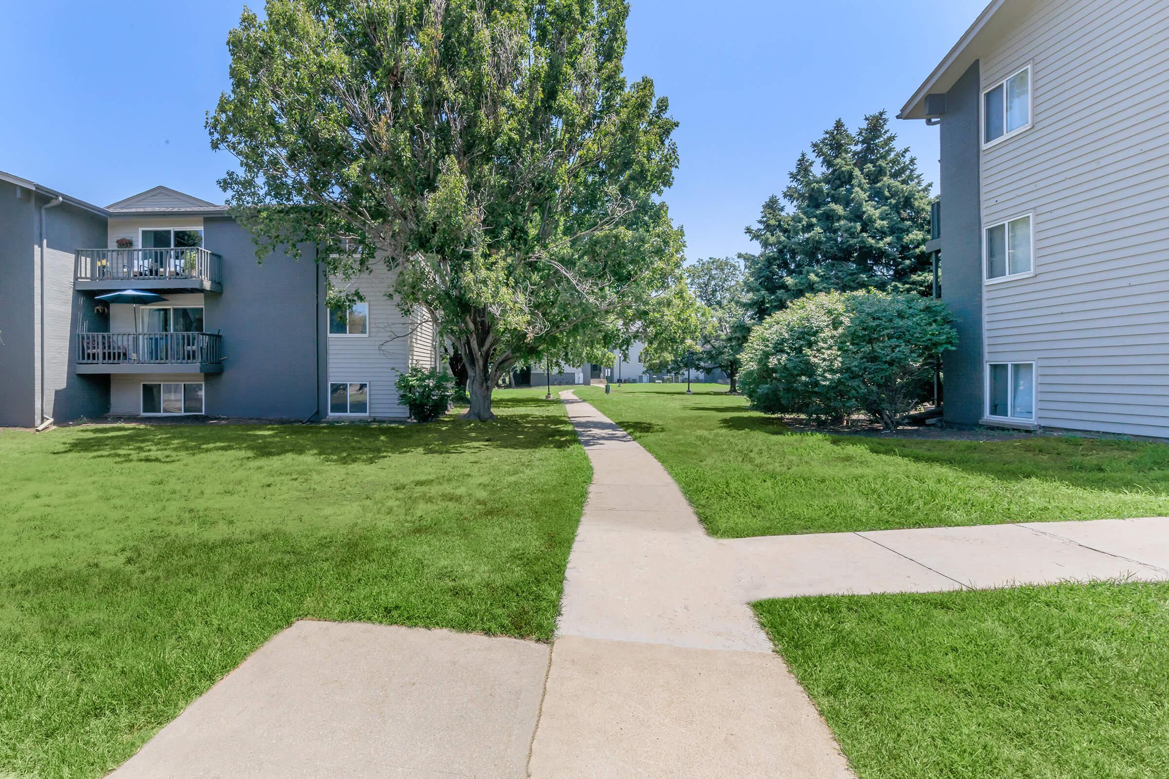 A clear view of a landscaped pathway between two apartment buildings surrounded by green grass and trees under a clear blue sky. The scene creates a welcoming, open atmosphere suitable for residents to enjoy outdoor activities.