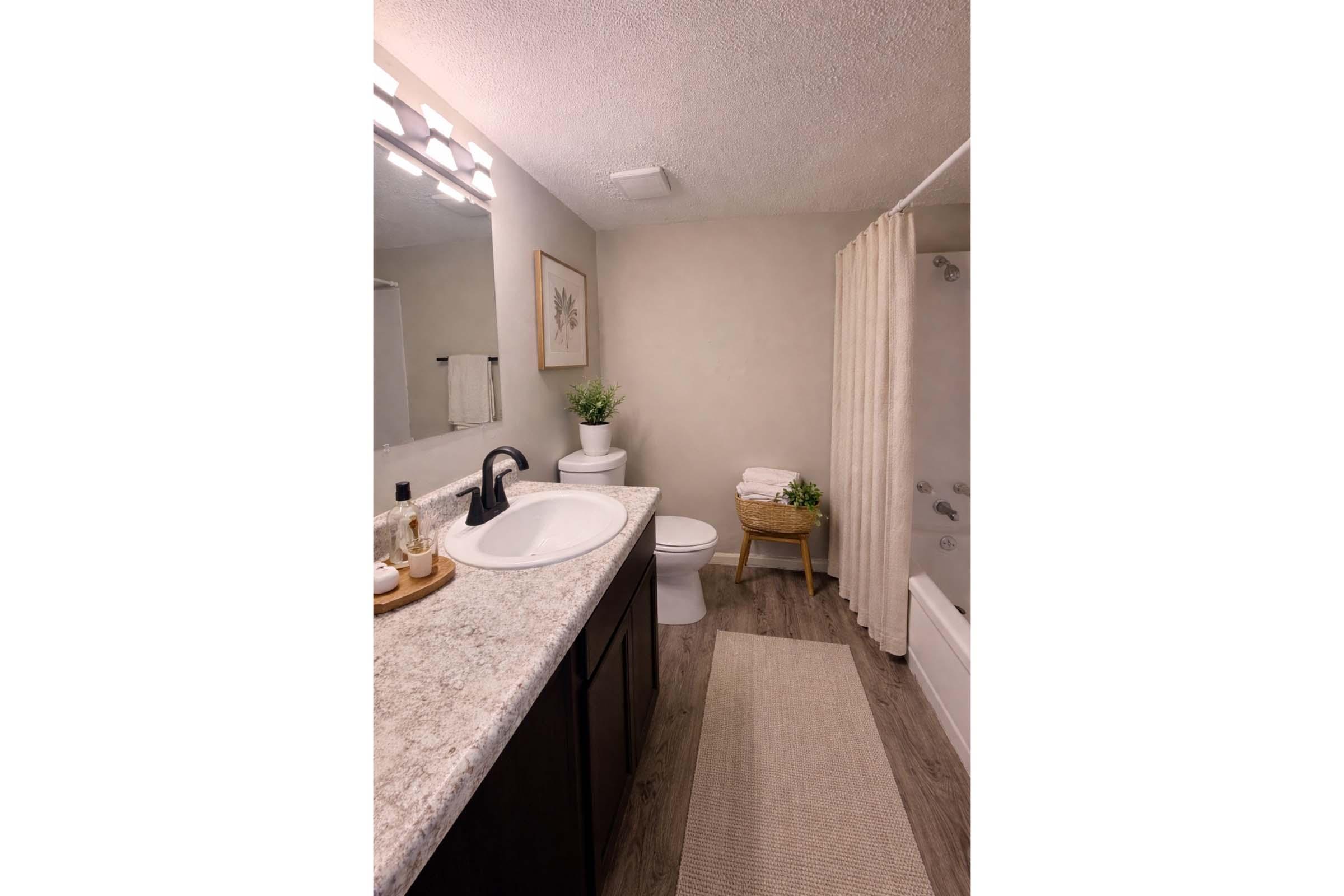 A well-lit bathroom featuring a white countertop with a sink, a mirror, and stylish decor. There is a shower stall with a curtain, a white toilet, and a small chair. A few potted plants and neatly stacked towels add a touch of elegance, while a soft rug runs along the floor, creating a cozy atmosphere.