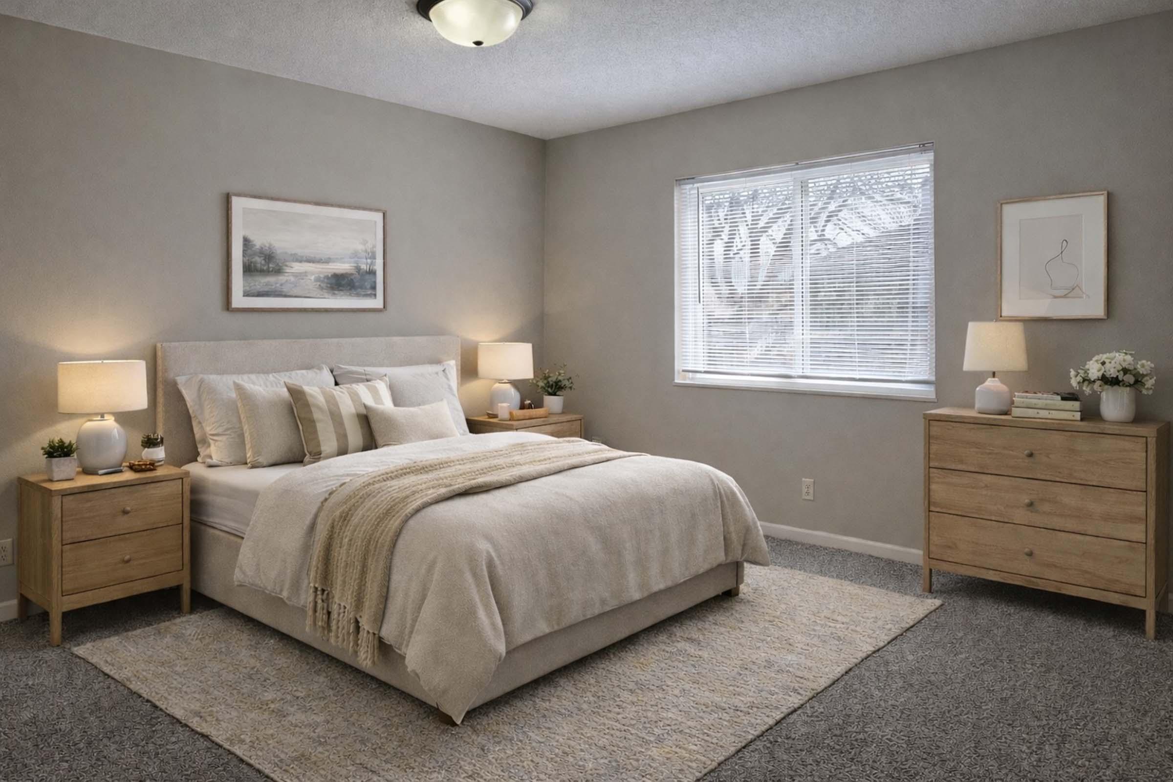 A modern bedroom featuring a light-colored bed with fluffy pillows and a cozy throw blanket. Nightstands with lamps are on either side, and a large window lets in natural light. The walls are painted a soft gray, and the floor is covered with a textured rug. A piece of artwork and decorative plants adorn the space.