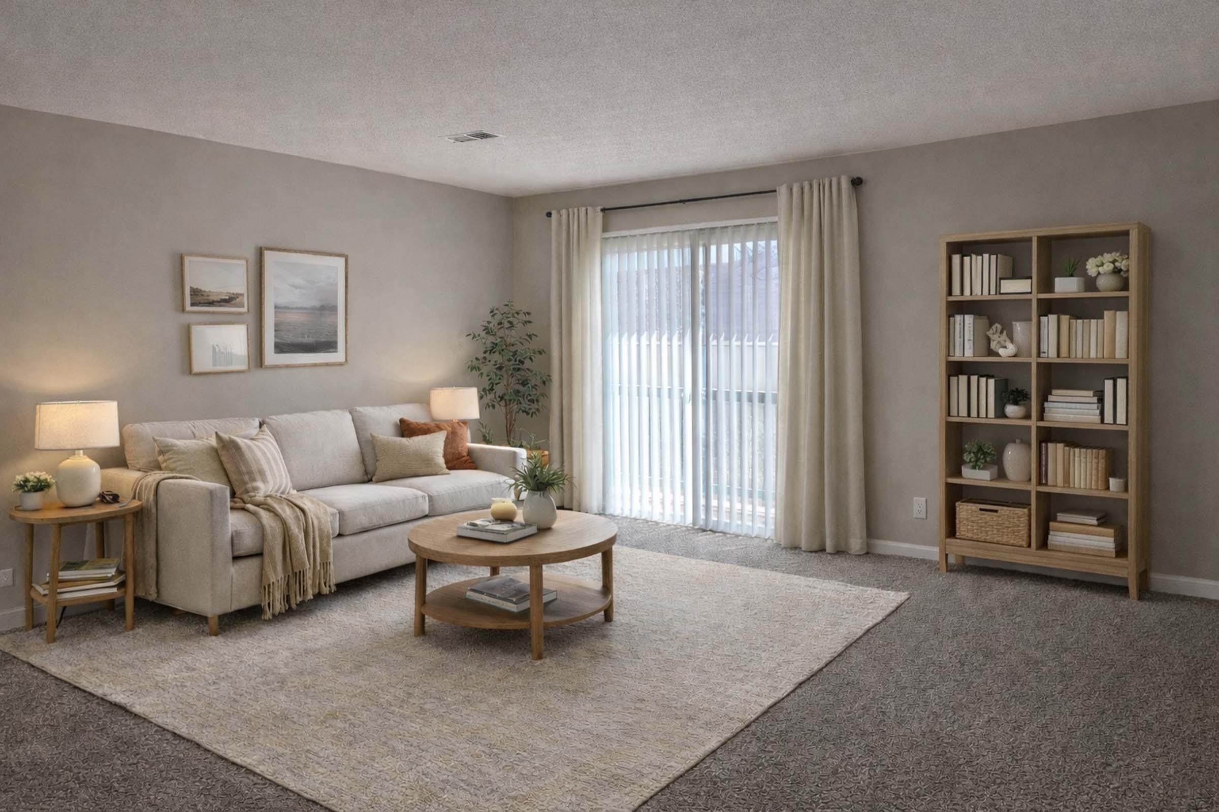 A cozy living room featuring a light-colored sofa with cushions, a round coffee table, and a soft area rug. There are decorative plants and framed pictures on the walls. A tall bookshelf filled with books and decorative items stands beside a sliding glass door that has sheer curtains, allowing natural light to brighten the space.
