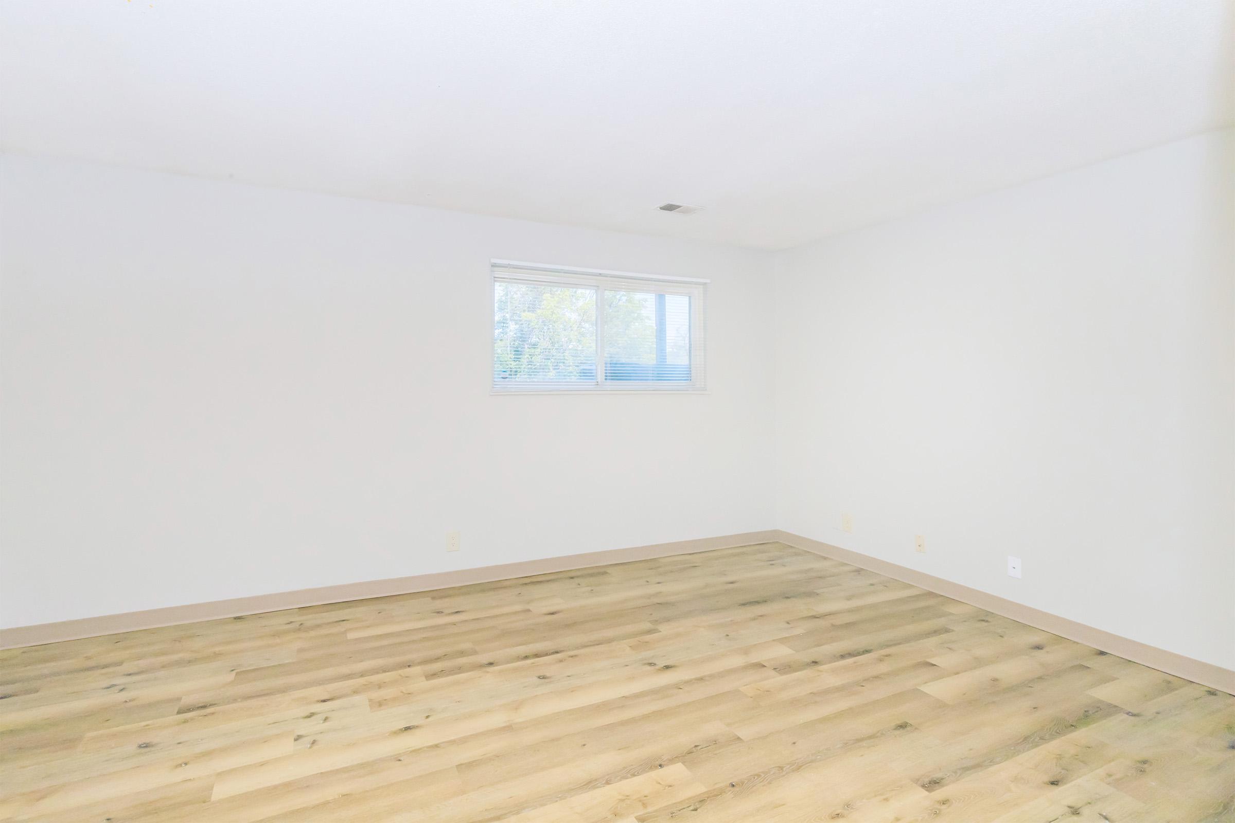A spacious, empty room with light-colored walls and wooden flooring. A large window lets in natural light, illuminating the area. The overall atmosphere is bright and airy, suitable for various purposes such as a living space or office.