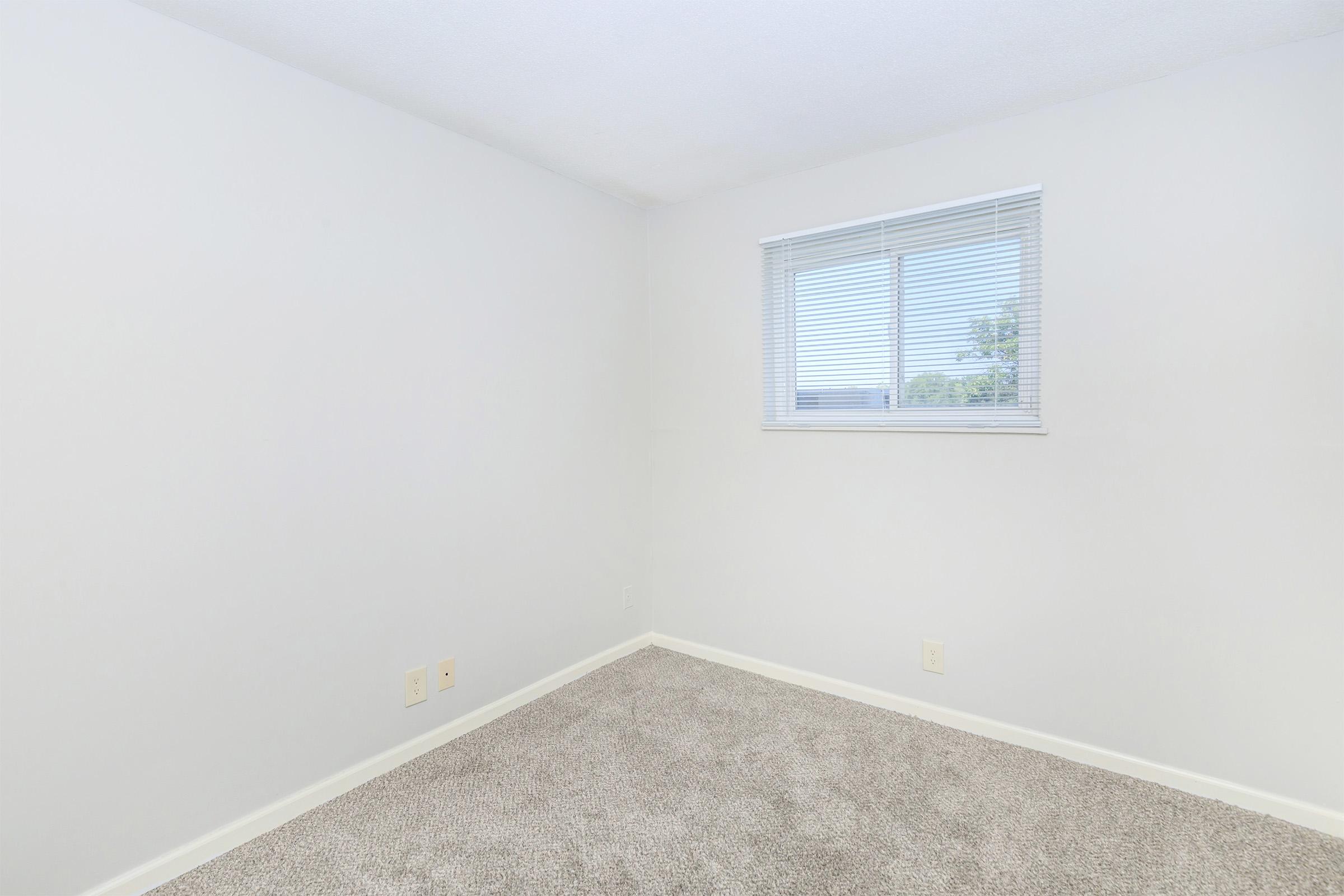 Empty room with light gray walls and beige carpet. A window with blinds allows natural light, and there are no furniture or decorations in the space. The overall appearance is clean and minimalistic, suitable for various uses like an office or bedroom.