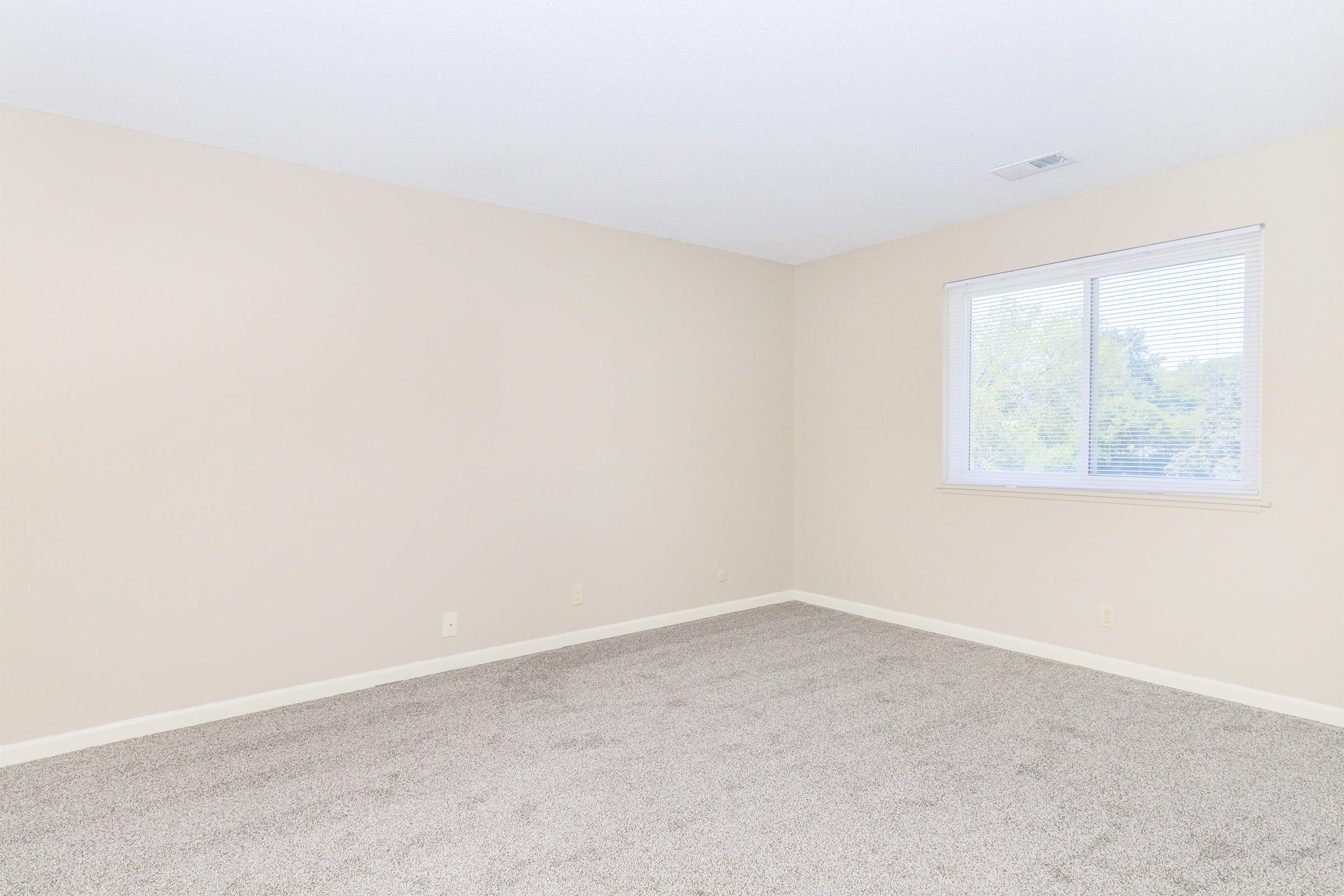 Empty room with light beige walls and a carpeted floor. A single window on the left side allows natural light to enter, illuminating the space. The room appears spacious and uncluttered, creating a neutral canvas for personal decoration.